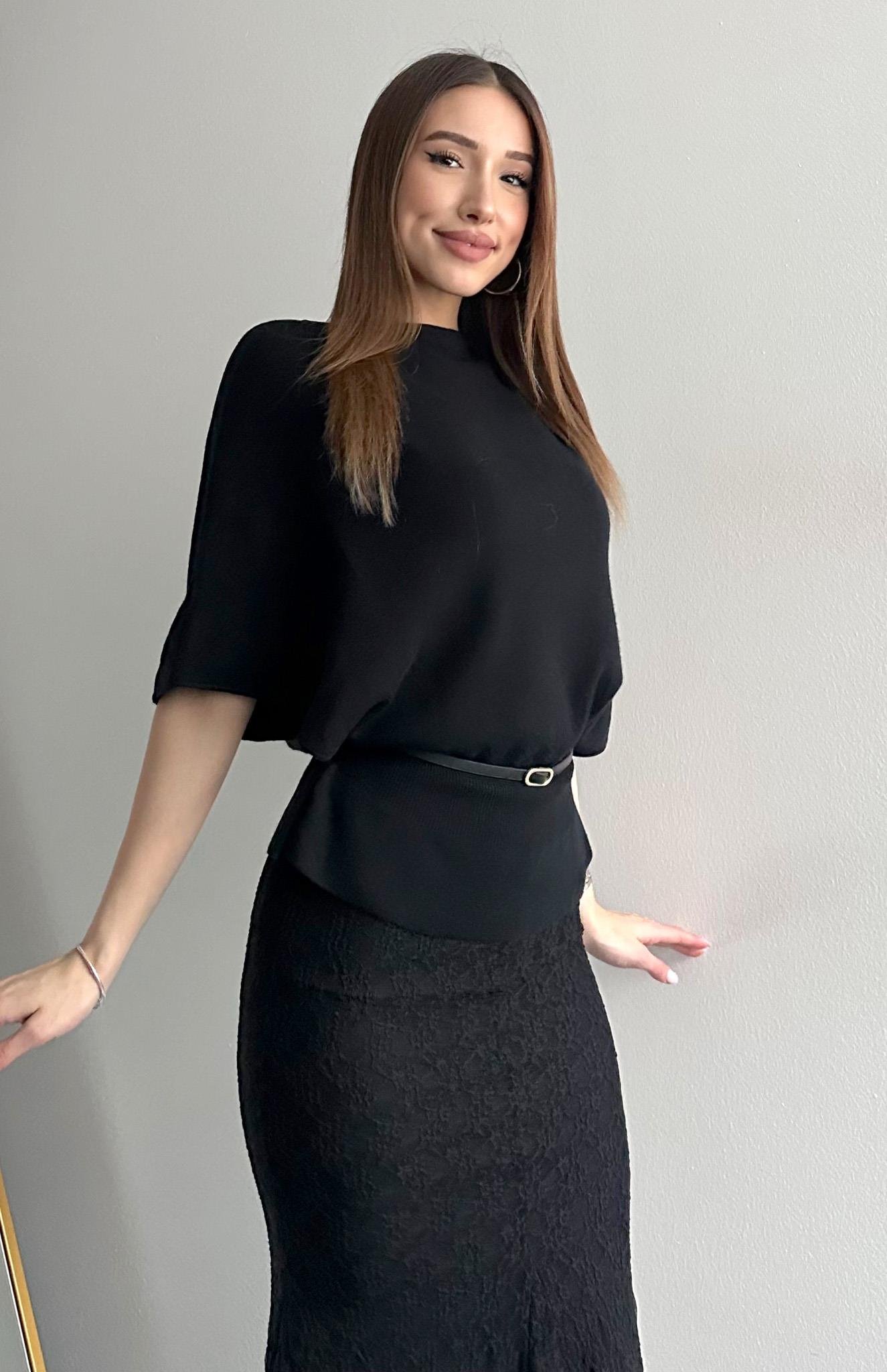 Kayık Yaka Yarasa Kol Kemerli Kazak SİYAH