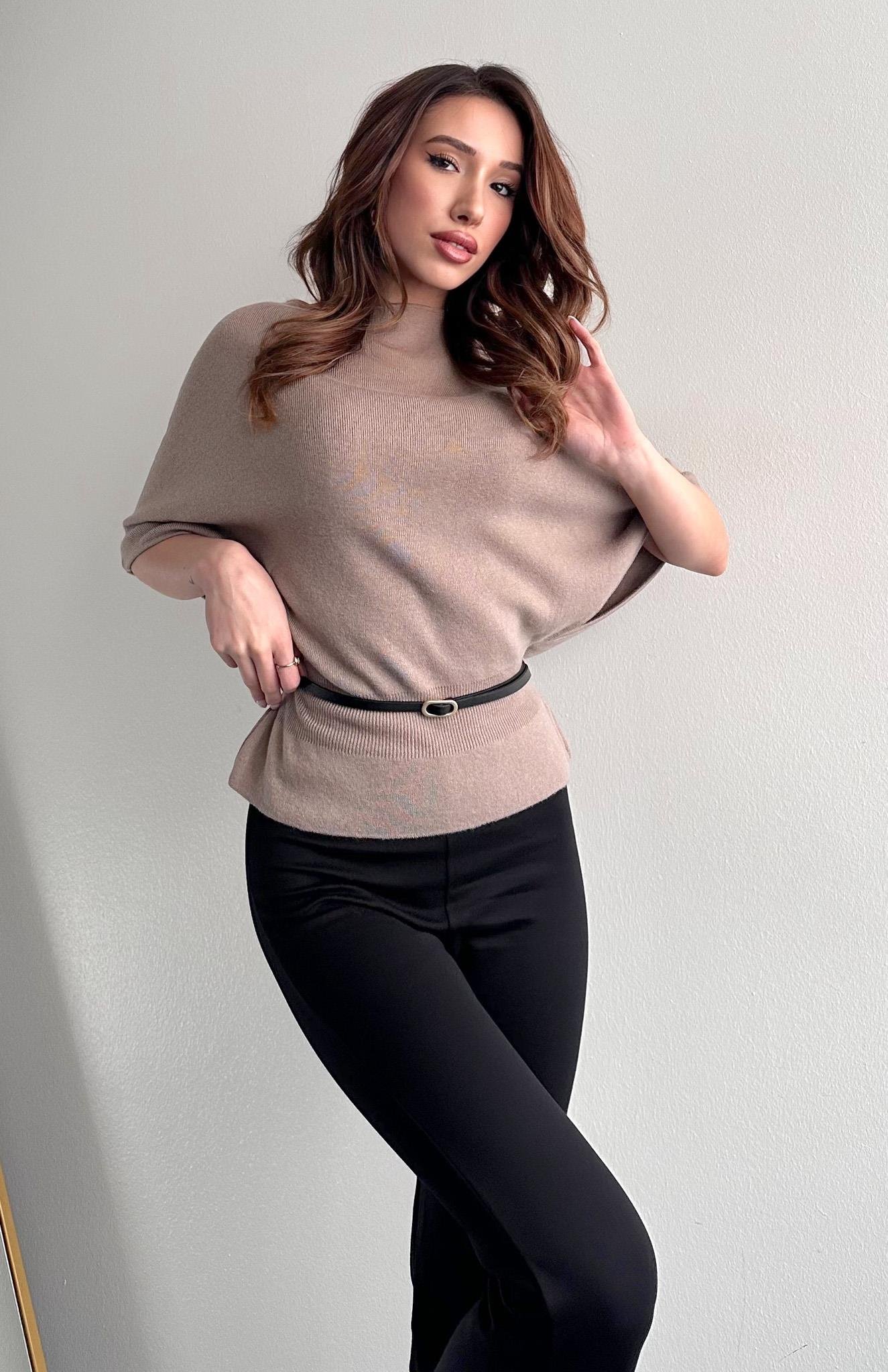 Kayık Yaka Yarasa Kol Kemerli Kazak KOYU VİZON