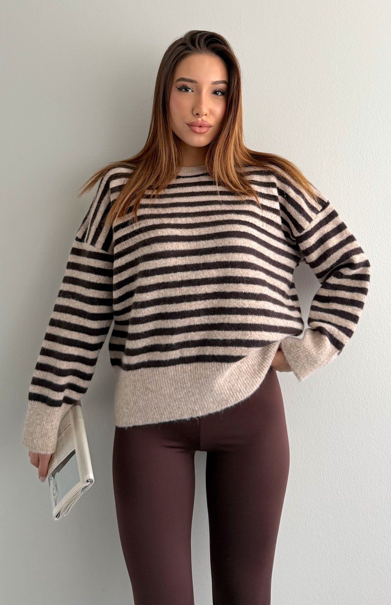 Oversize İki Renkli Yün Karişim Kazak BEJ