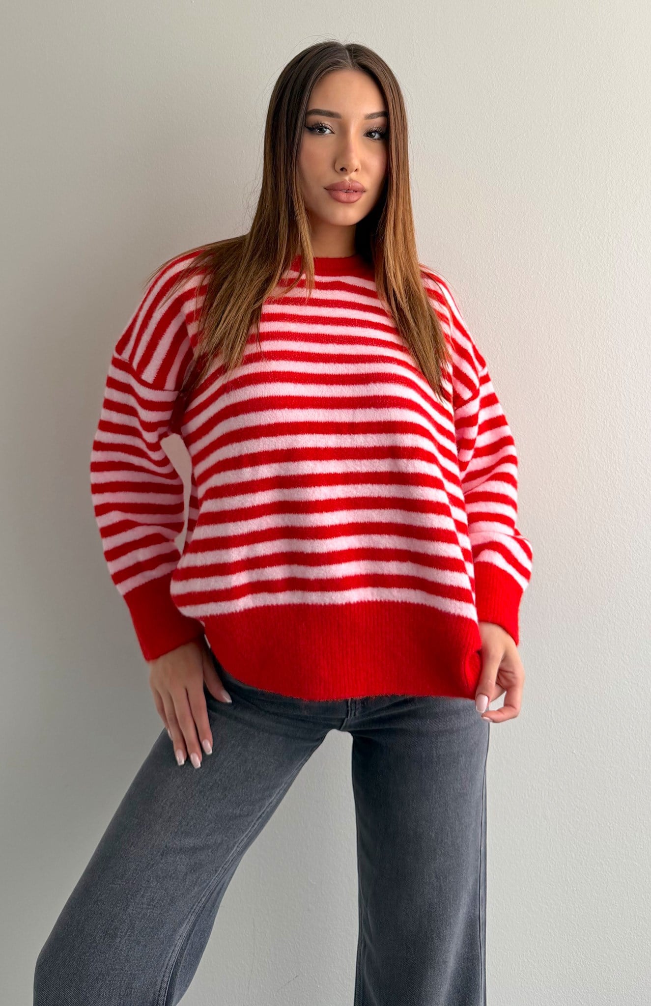 Oversize İki Renkli Yün Karişim Kazak NAR ÇİÇEĞİ