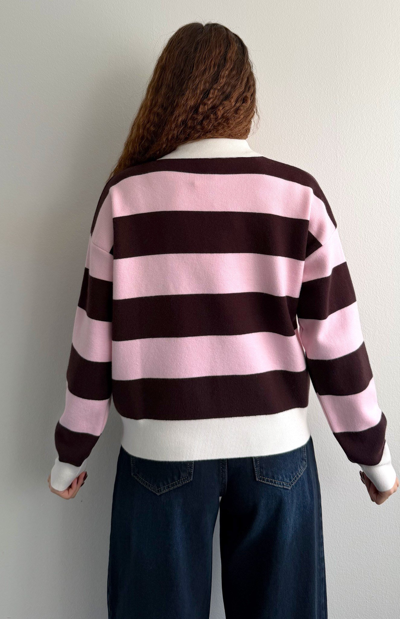 Polo Yaka Çizgili Kazak PEMBE