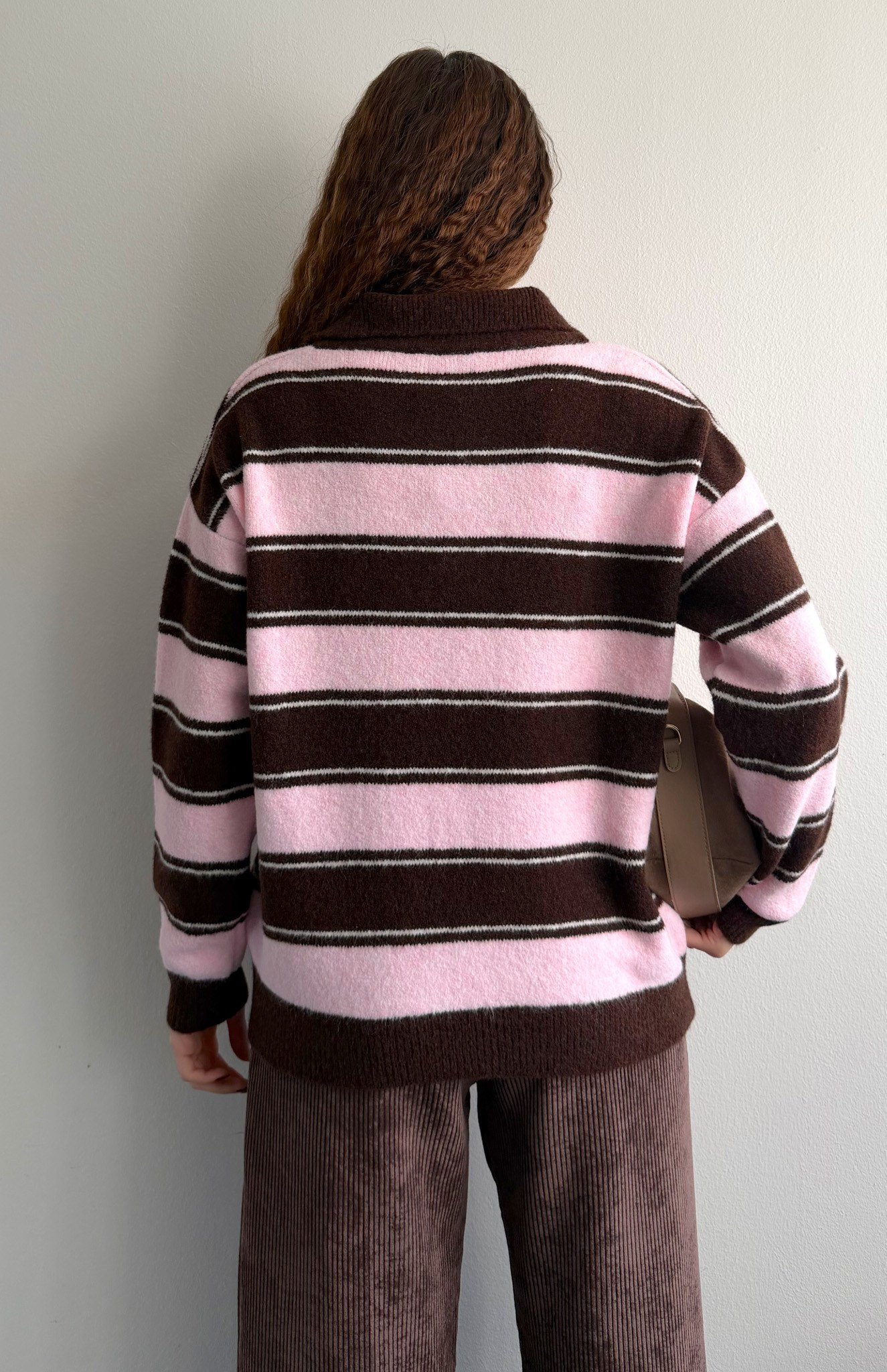 Polo Yaka Çizgili Kazak PEMBE