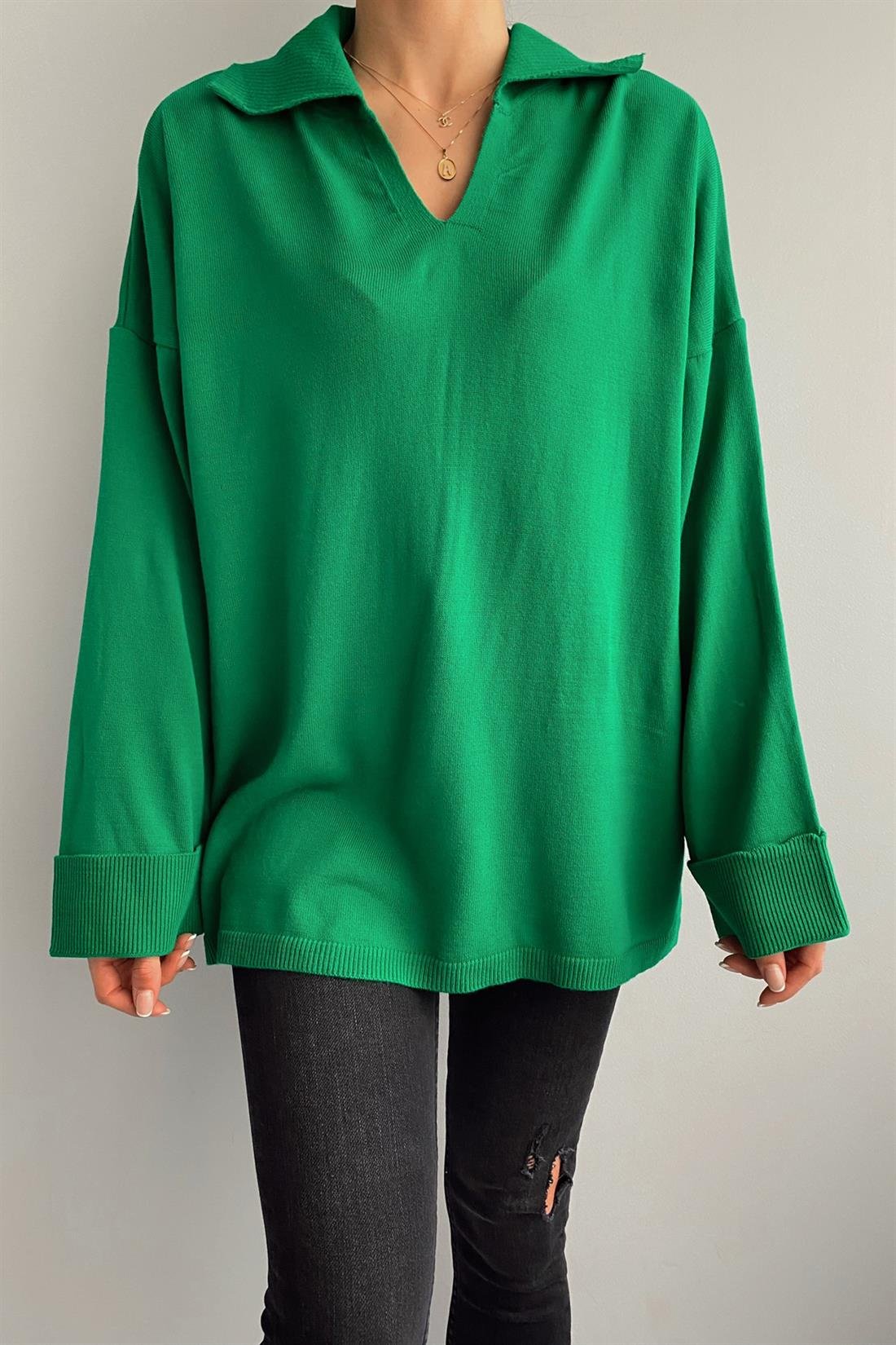 Polo Yaka Oversize Kazak YEŞİL