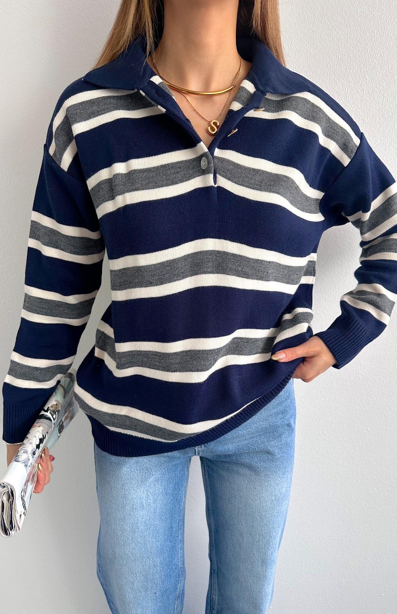 Polo Yaka Uzun Kol Kazak LACİ-EKRU