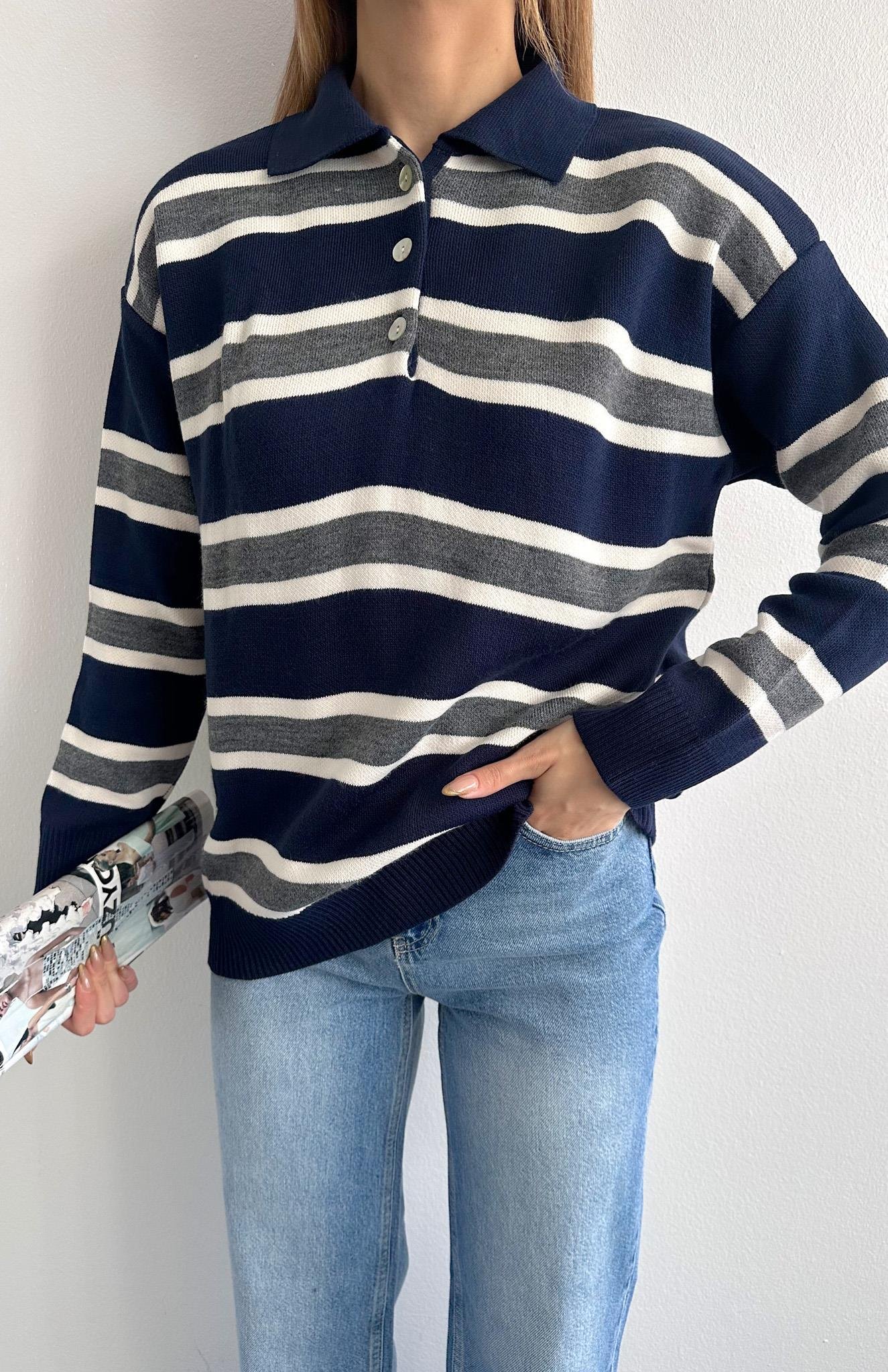 Polo Yaka Uzun Kol Kazak LACİ-EKRU