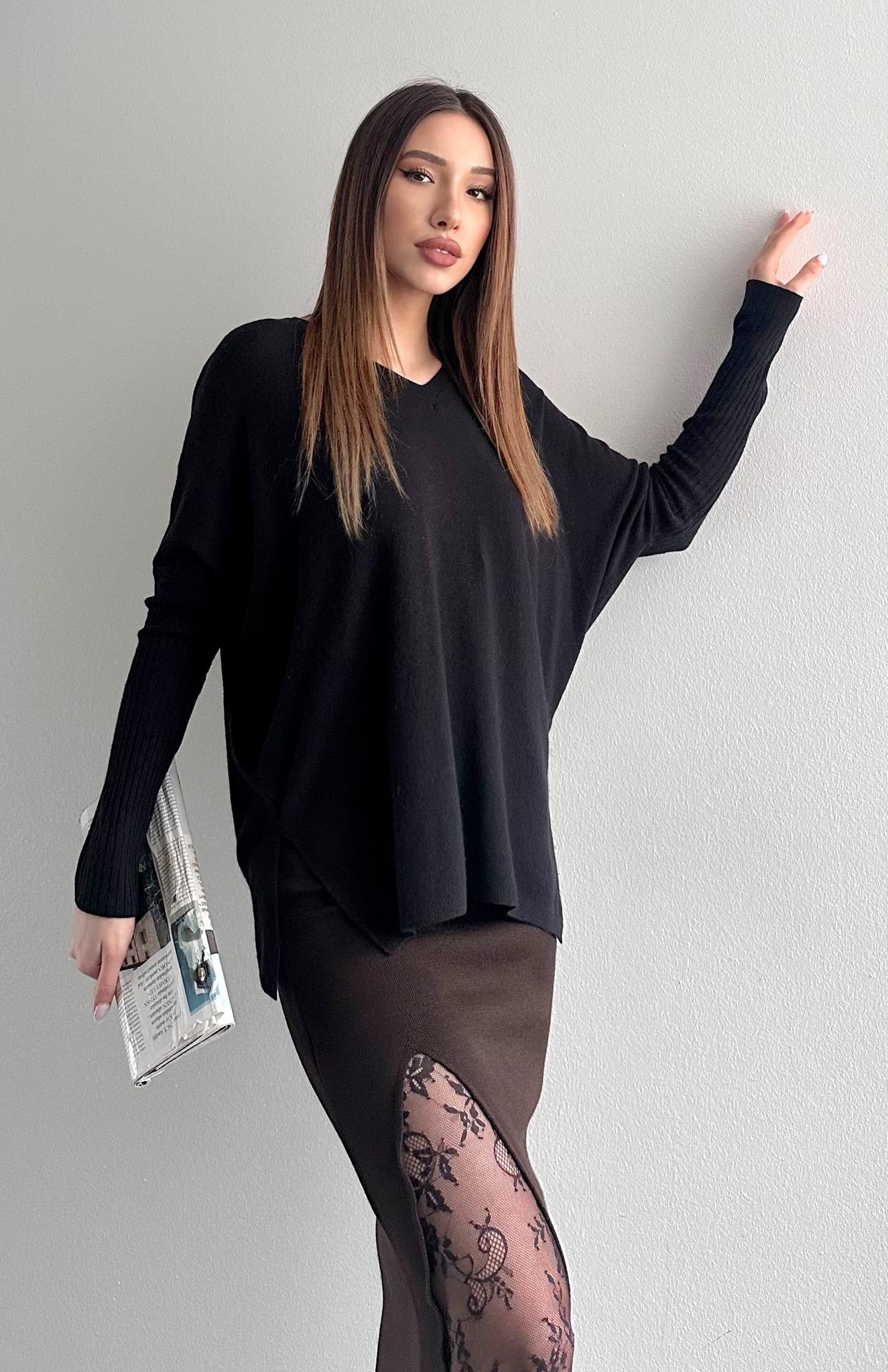 V Yaka Kaşmir Kazak SİYAH