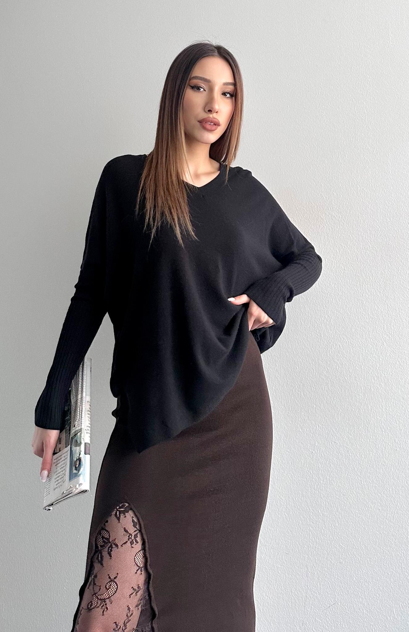 V Yaka Kaşmir Kazak SİYAH