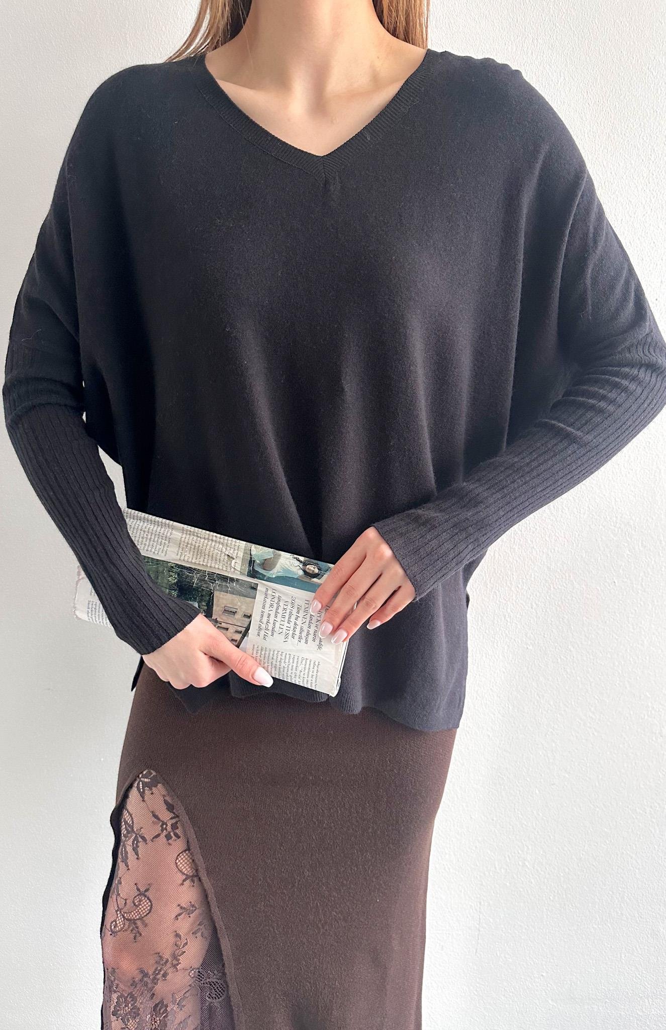 V Yaka Kaşmir Kazak SİYAH