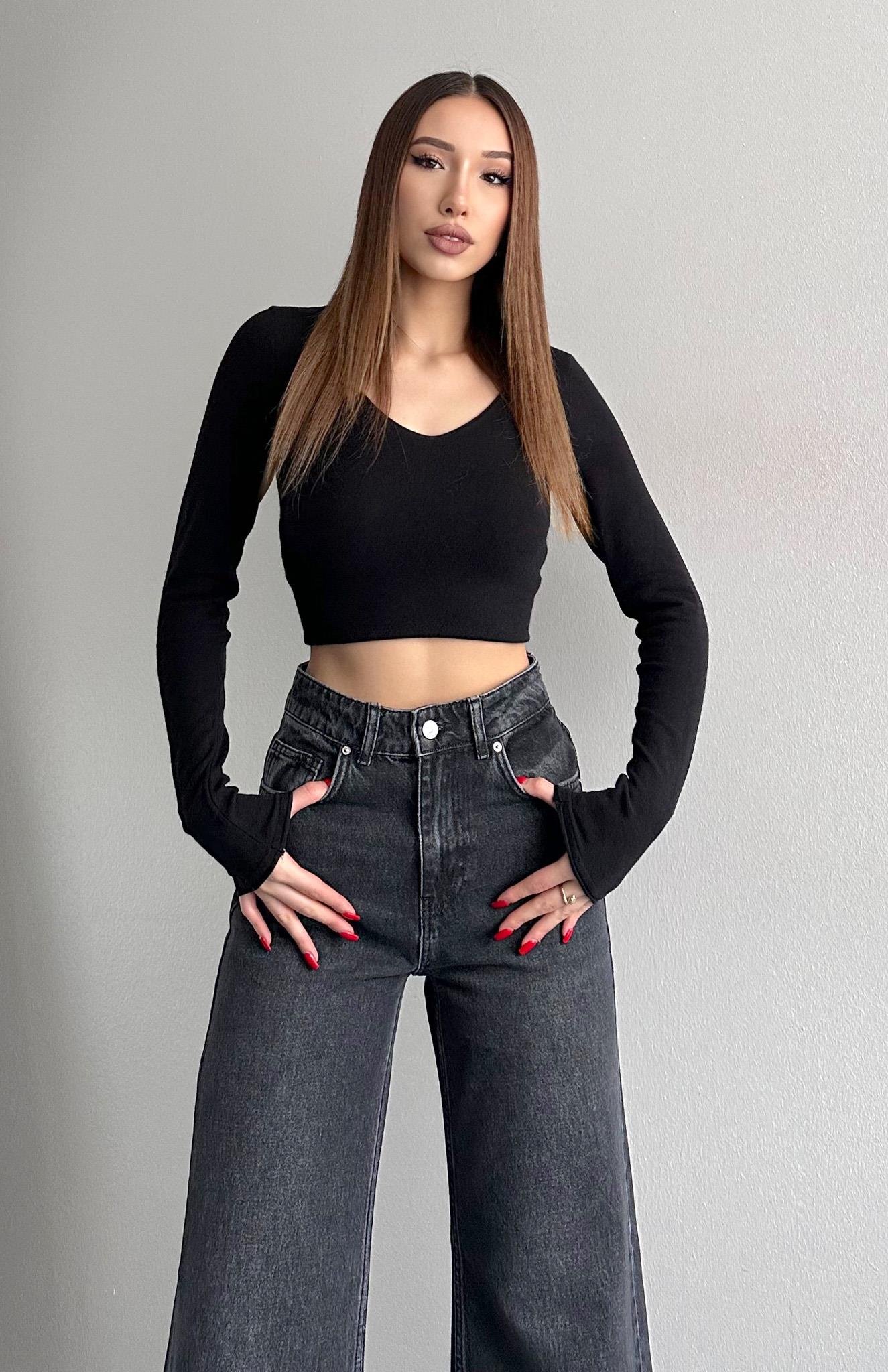 V Yaka Kaşmirli Ultra Hafif Kazak SİYAH