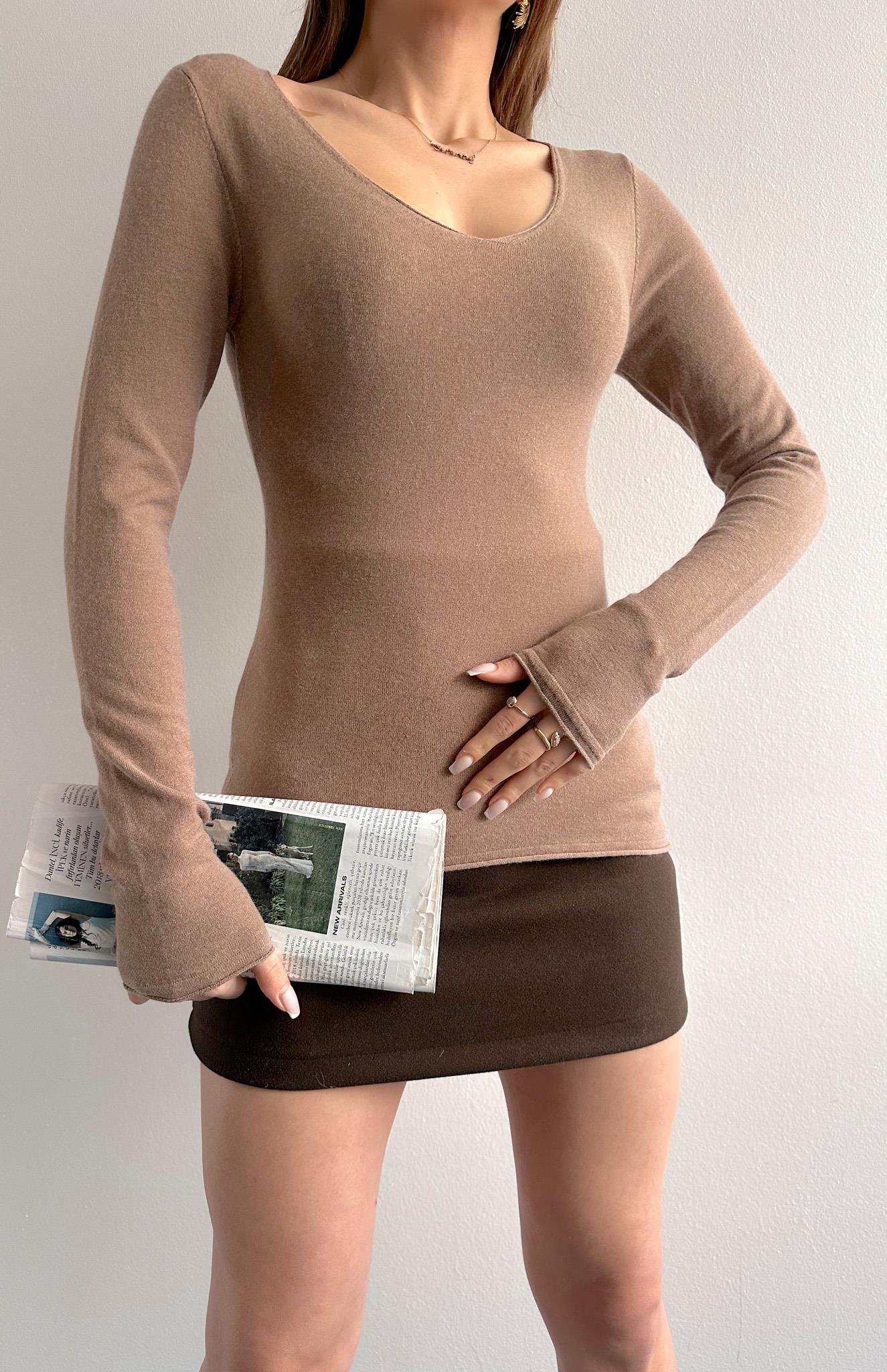 V Yaka Kaşmirli Ultra Hafif Kazak KOYU VİZON