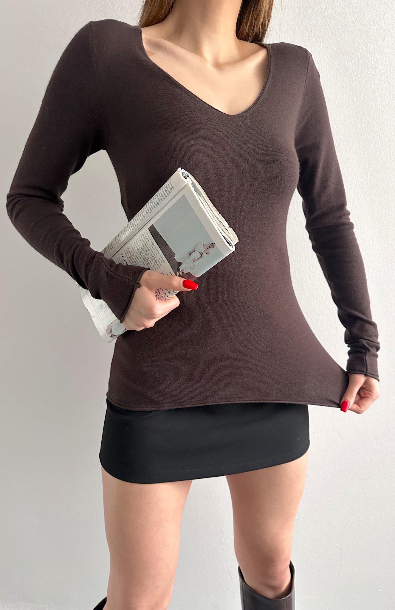 V Yaka Kaşmirli Ultra Hafif Kazak KOYU KAHVE