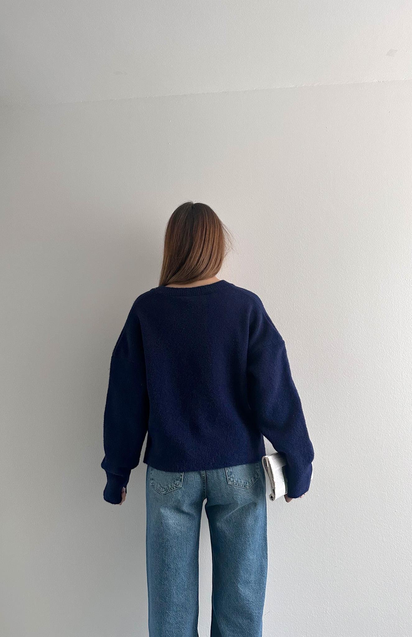 V Yaka Yumuşak Dokulu Kazak LACİVERT