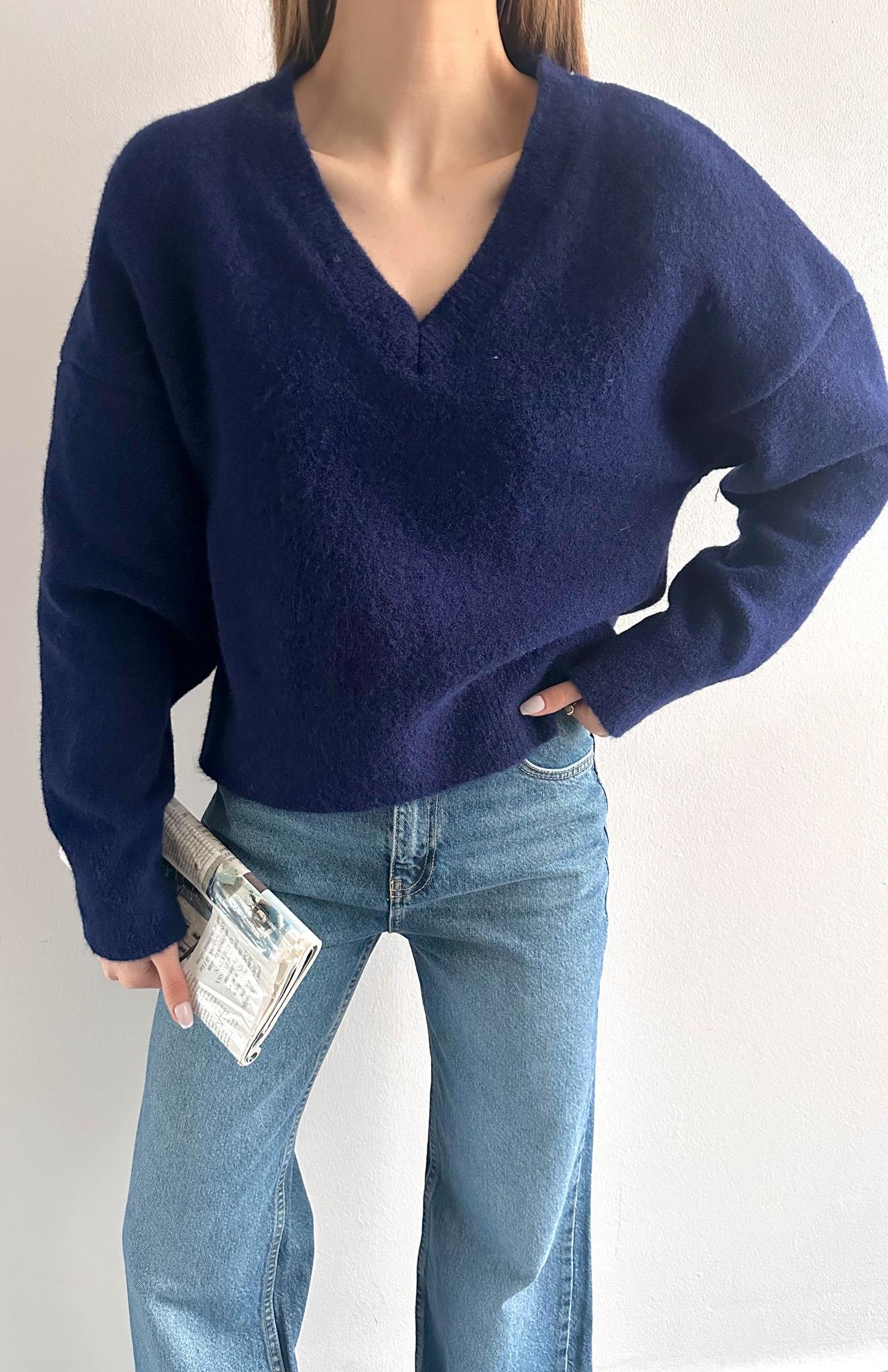 V Yaka Yumuşak Dokulu Kazak LACİVERT