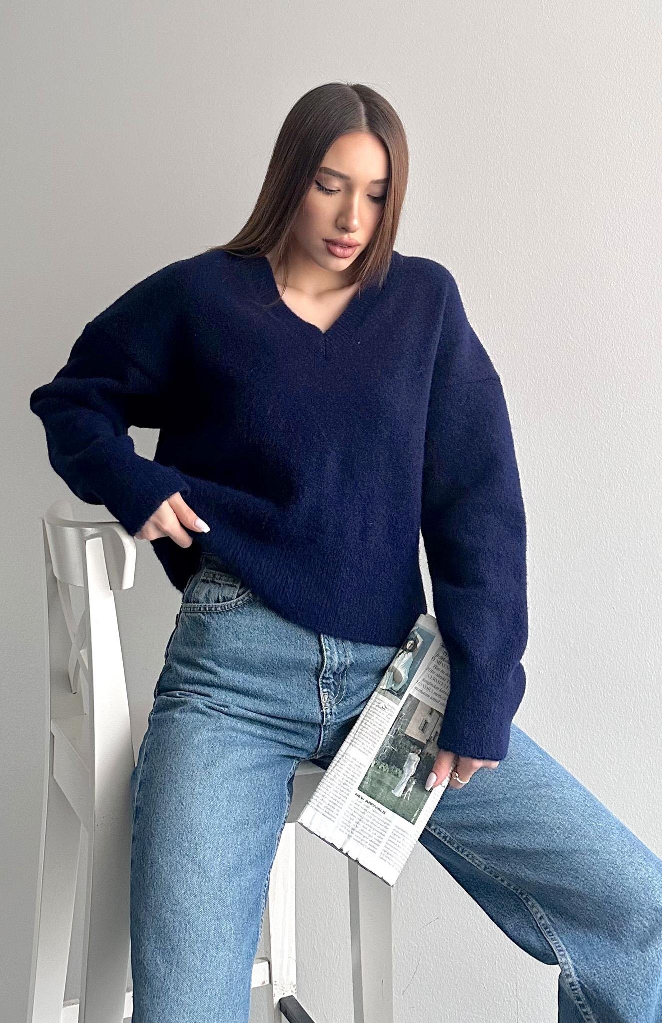 V Yaka Yumuşak Dokulu Kazak LACİVERT