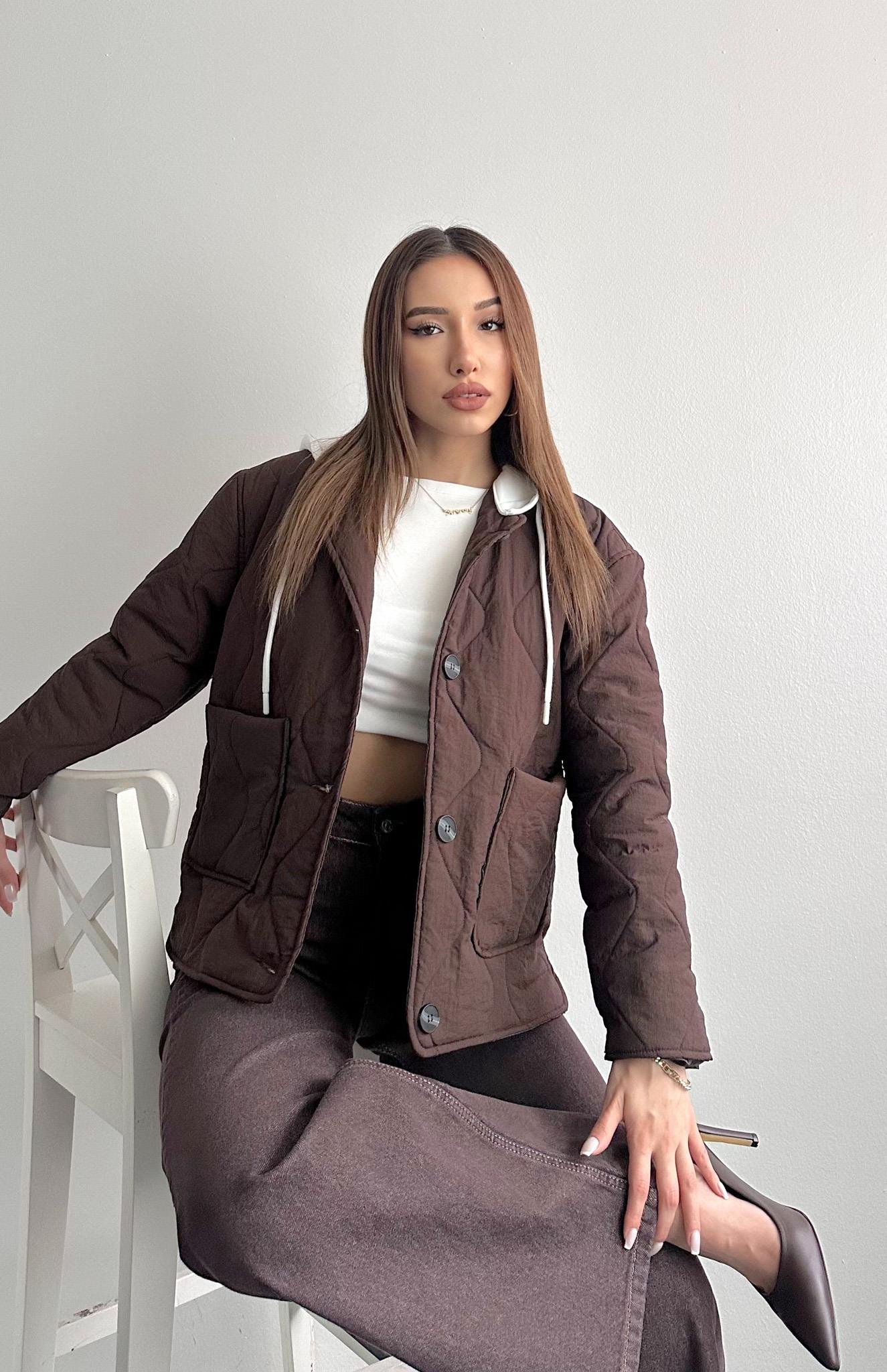 Düğmeli Kapitone Mont KAHVERENGİ