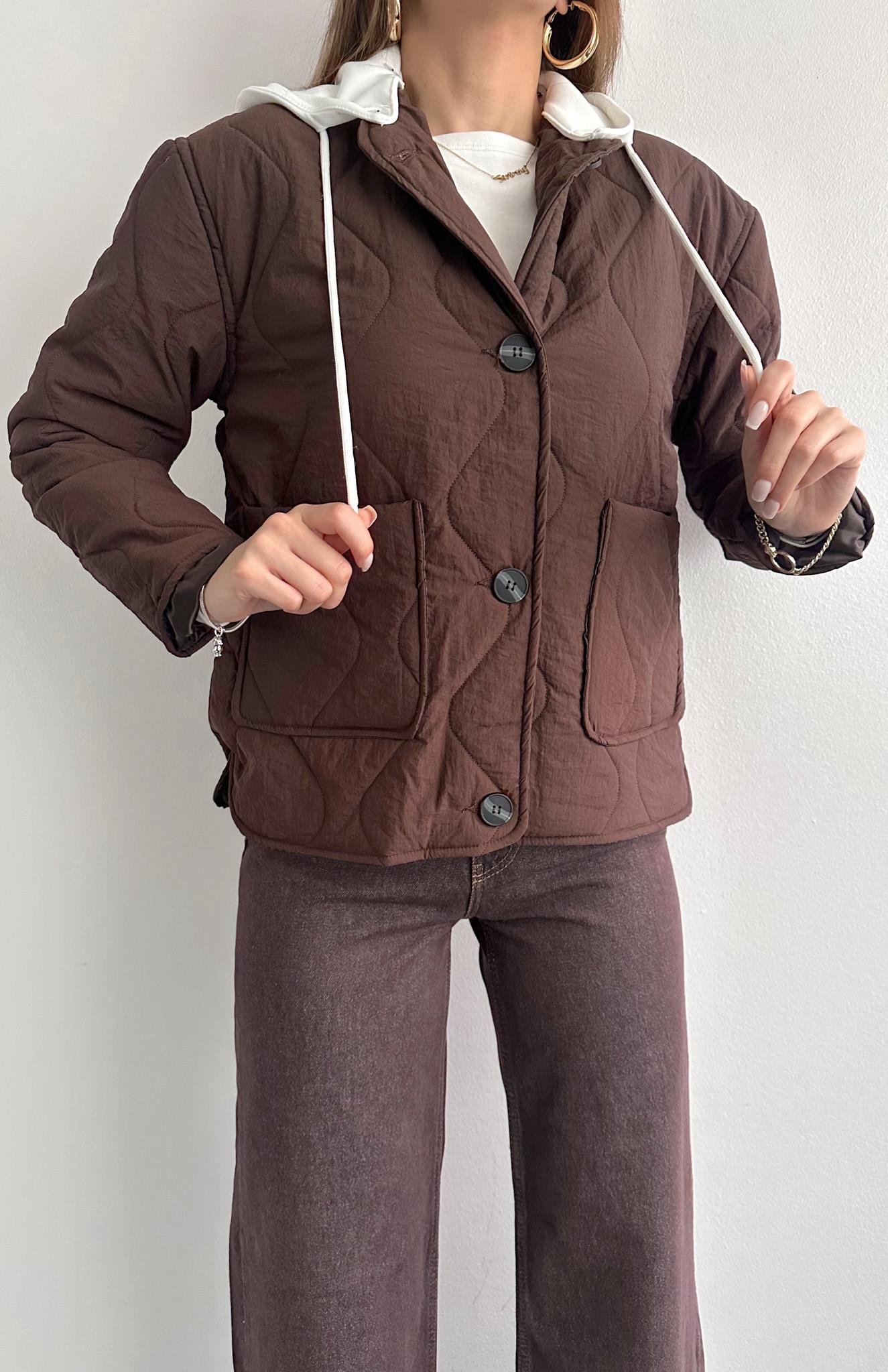 Düğmeli Kapitone Mont KAHVERENGİ