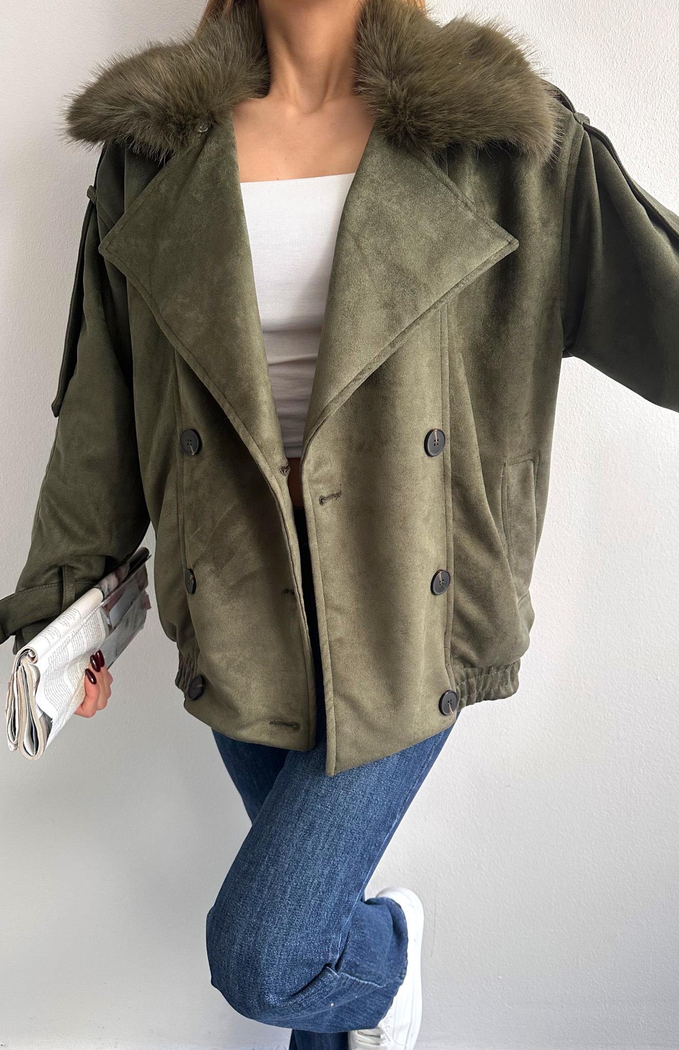 Yakası Kürklü Bomber Ceket HAKİ