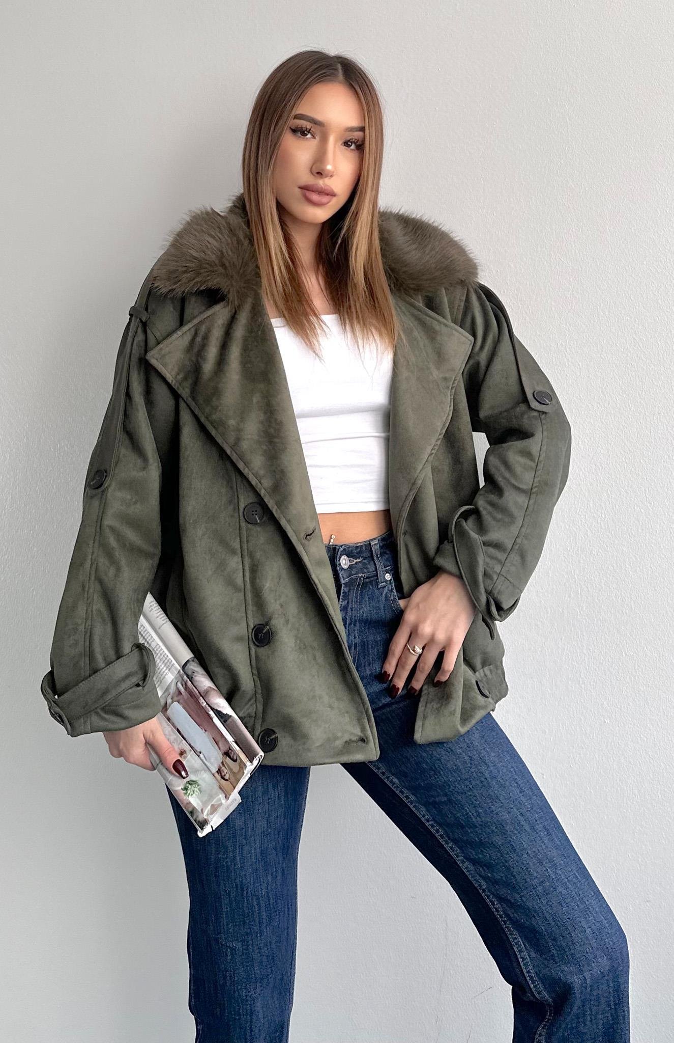 Yakası Kürklü Bomber Ceket HAKİ