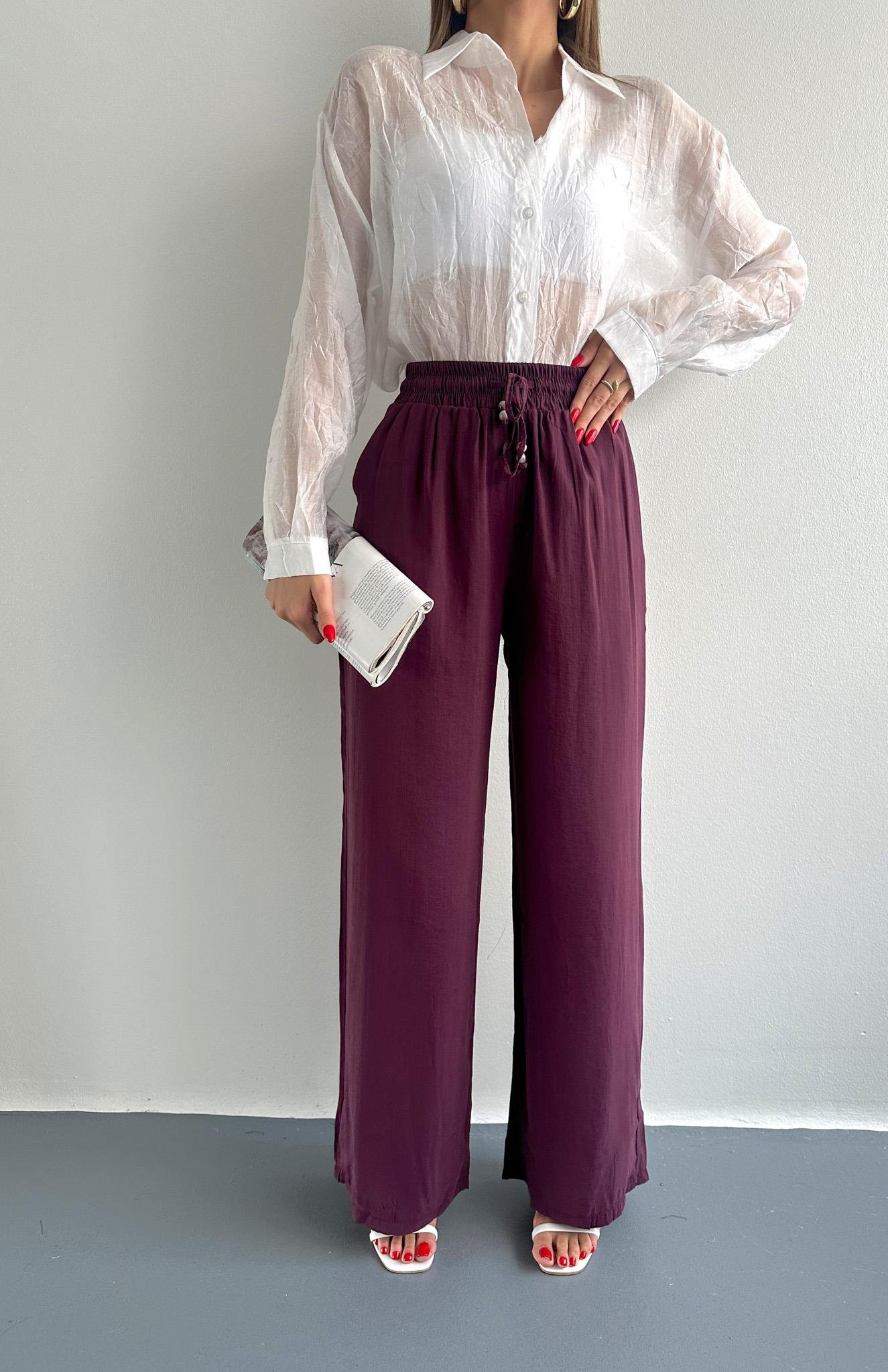 Beli Lastikli Bağcık  Detaylı Pantolon MÜRDÜM