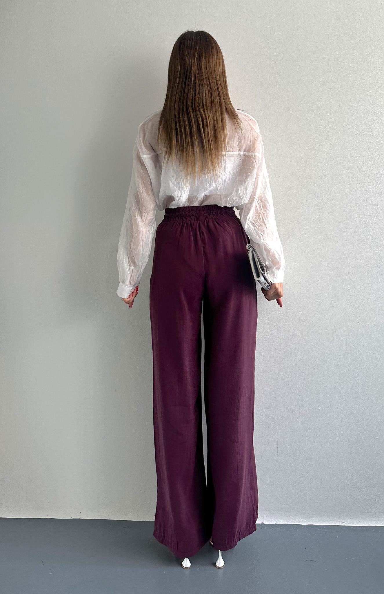 Beli Lastikli Bağcık  Detaylı Pantolon MÜRDÜM