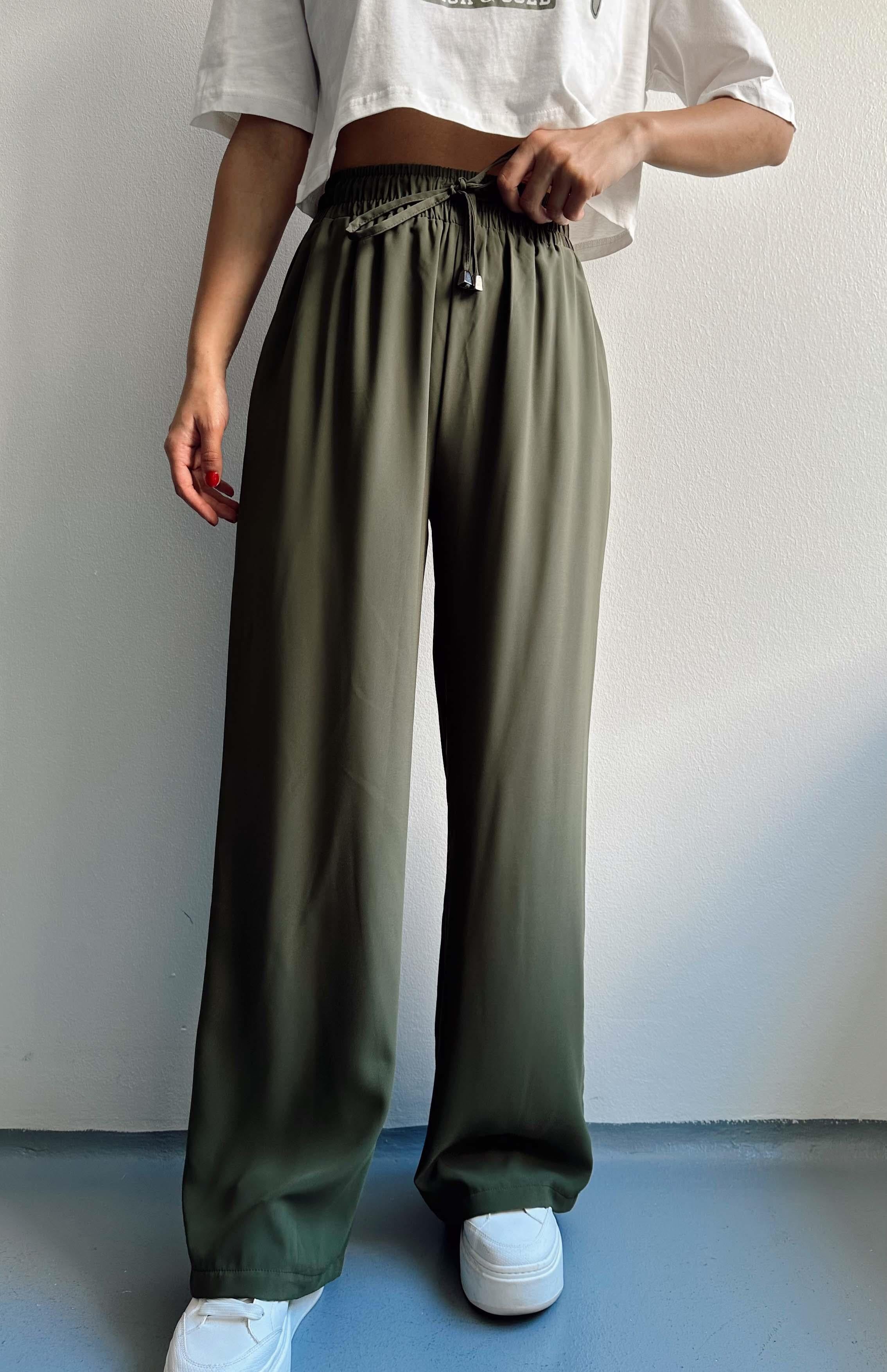 Beli Lastikli Bol Paça Pantolon HAKİ