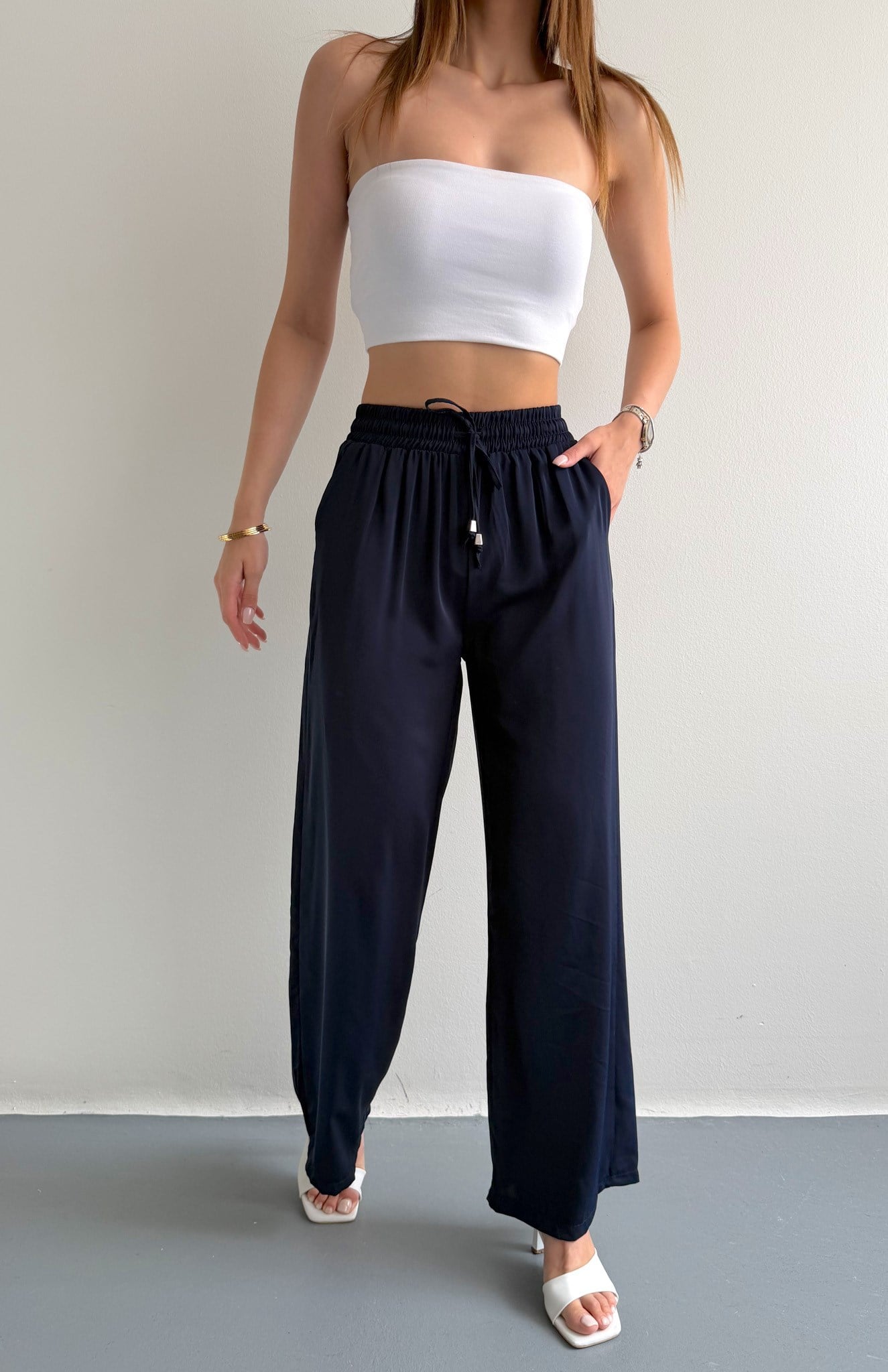 Beli Lastikli Bol Paça Pantolon LACİVERT