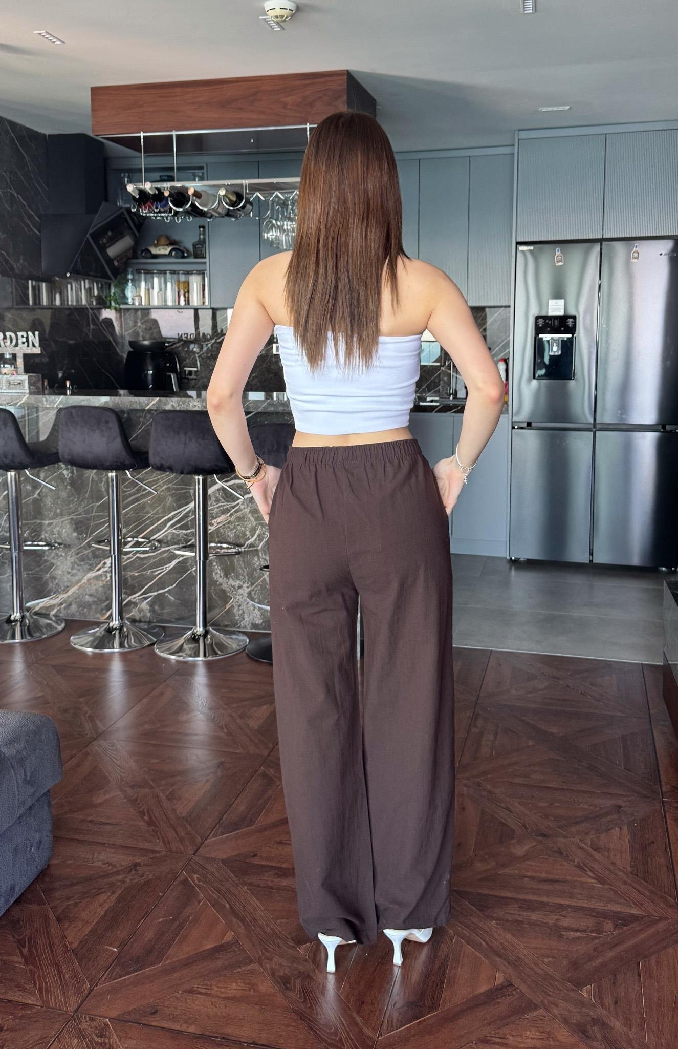 Beli Lastikli Keten Pantolon KAHVERENGİ