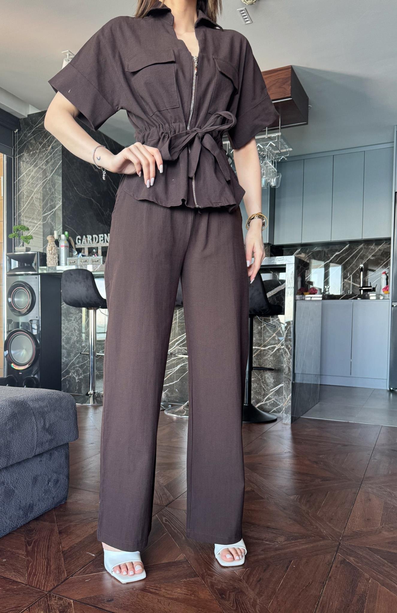 Beli Lastikli Keten Pantolon KAHVERENGİ
