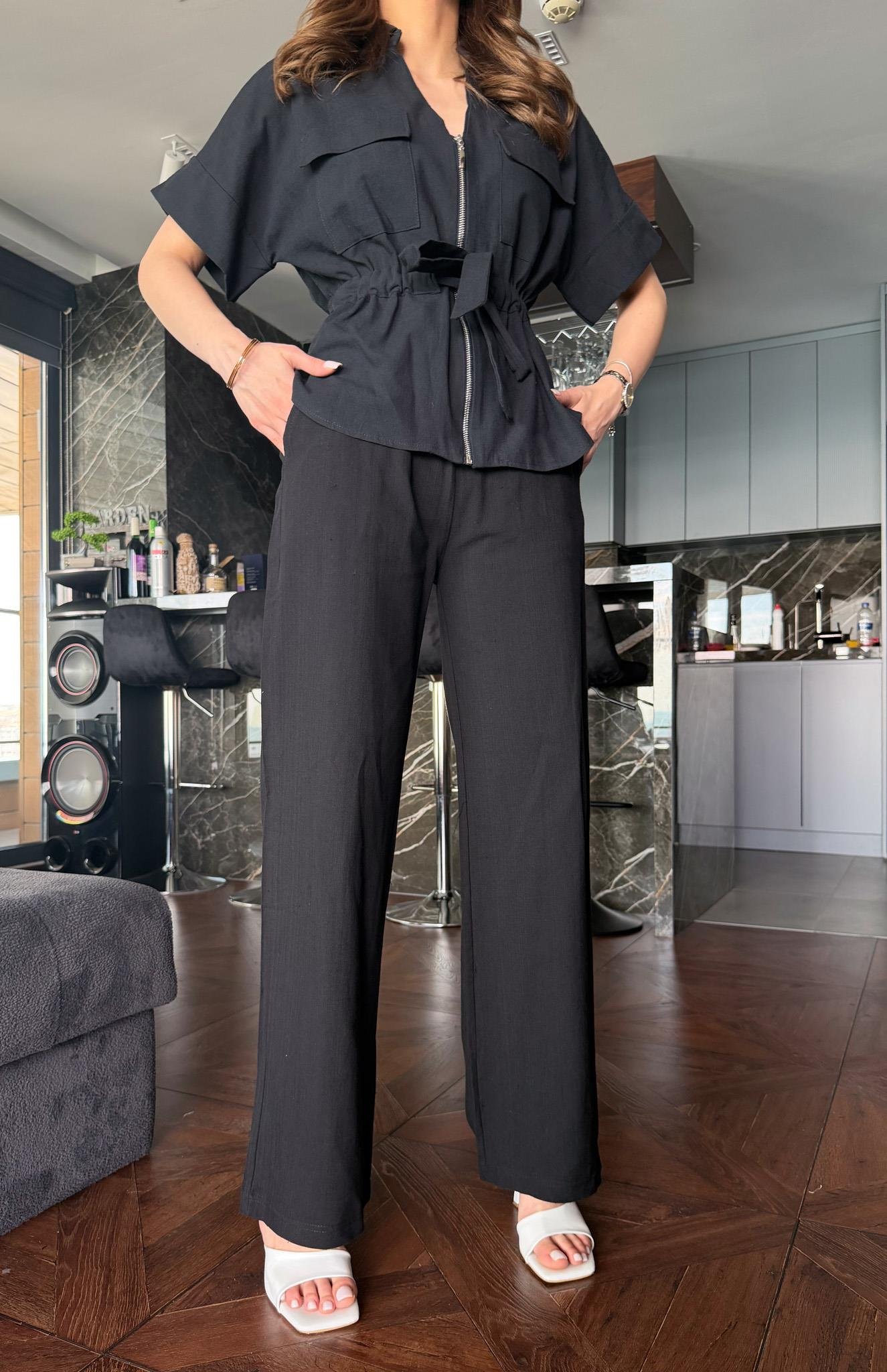 Beli Lastikli Keten Pantolon SİYAH