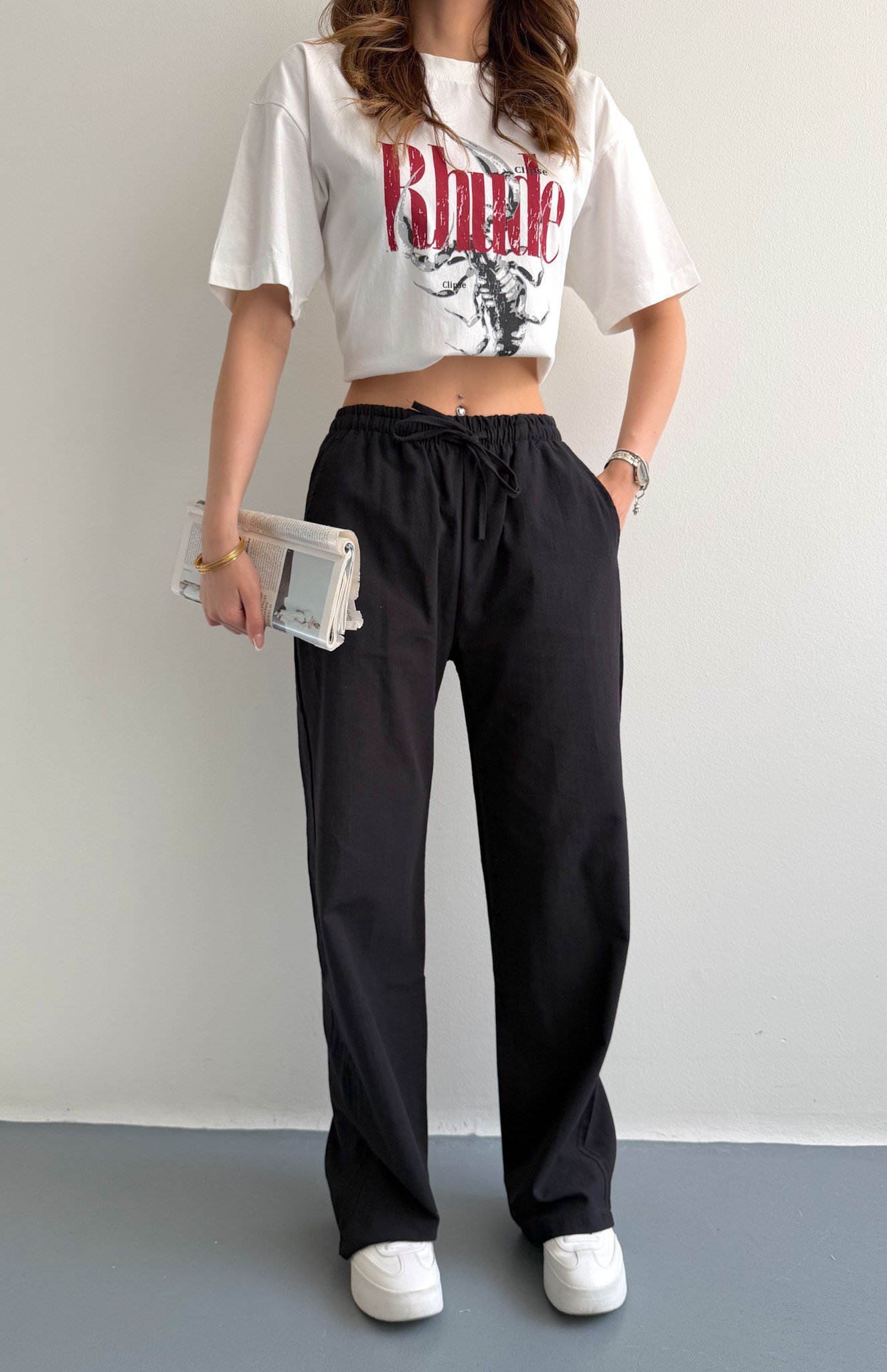 Beli Lastikli Keten Pantolon SİYAH