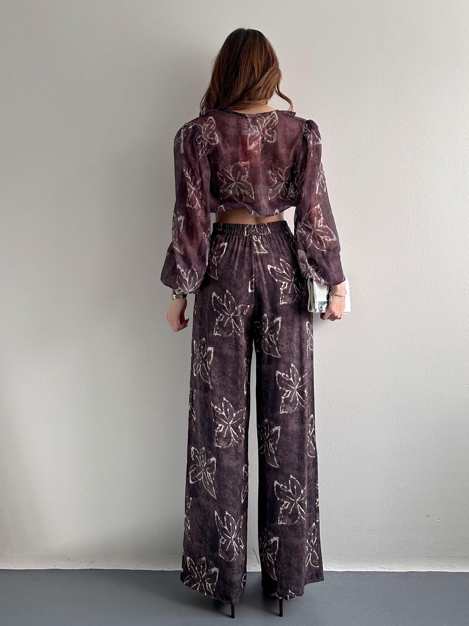 Çiçek Desenli Pantolon KAHVERENGİ