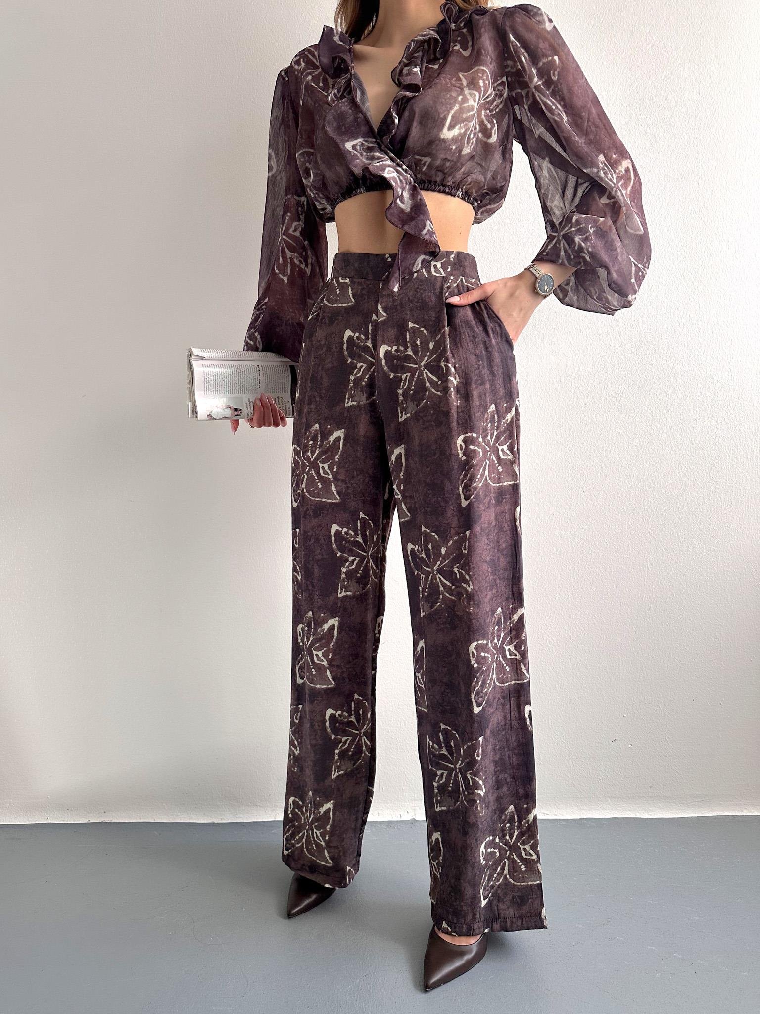 Çiçek Desenli Pantolon KAHVERENGİ