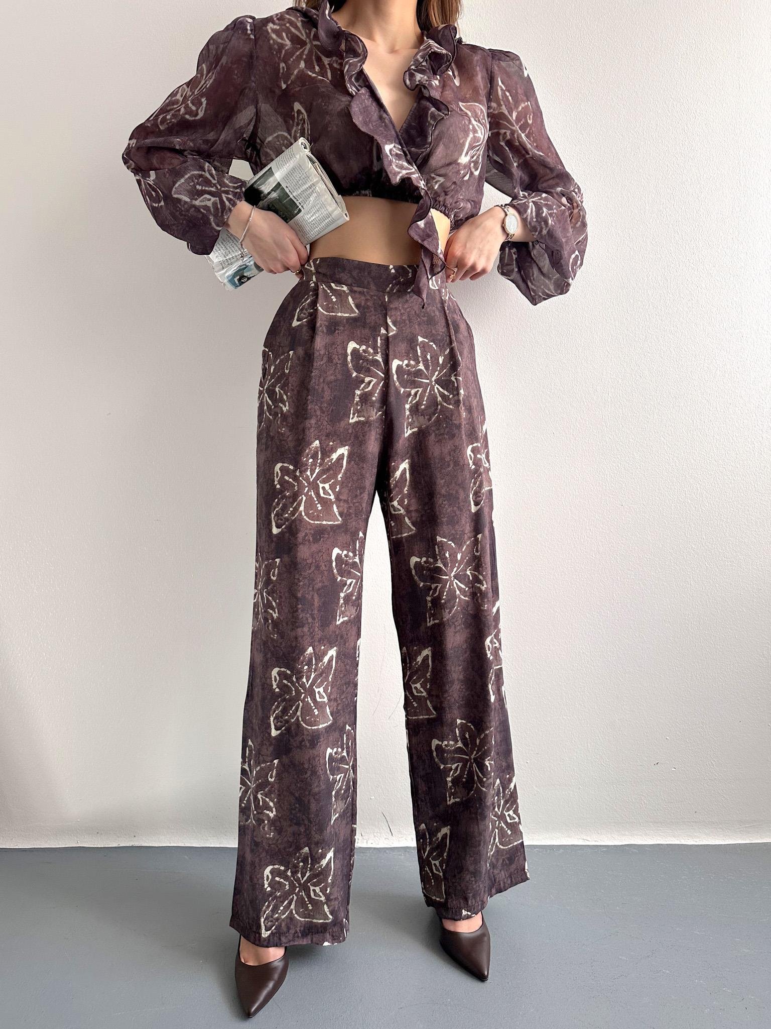 Çiçek Desenli Pantolon KAHVERENGİ