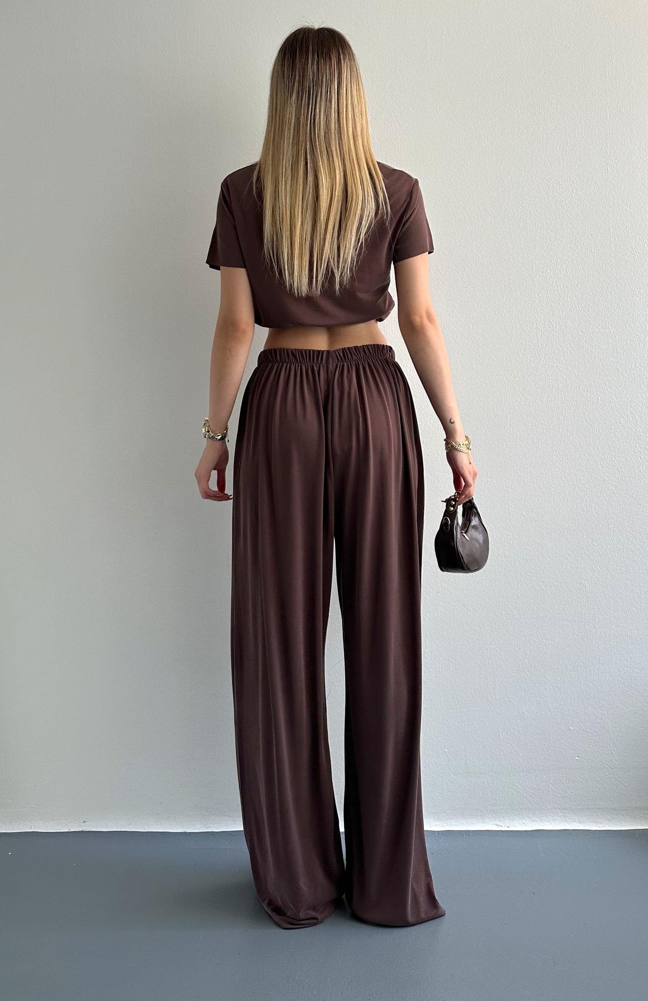 Dikişsiz Beli Lastikli Geniş Paça Pantolon KAHVERENGİ