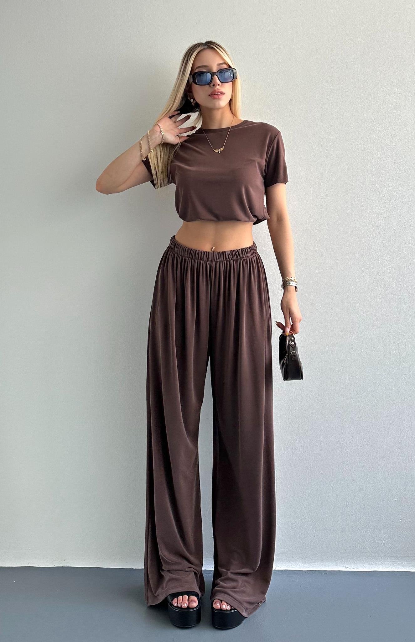 Dikişsiz Beli Lastikli Geniş Paça Pantolon KAHVERENGİ