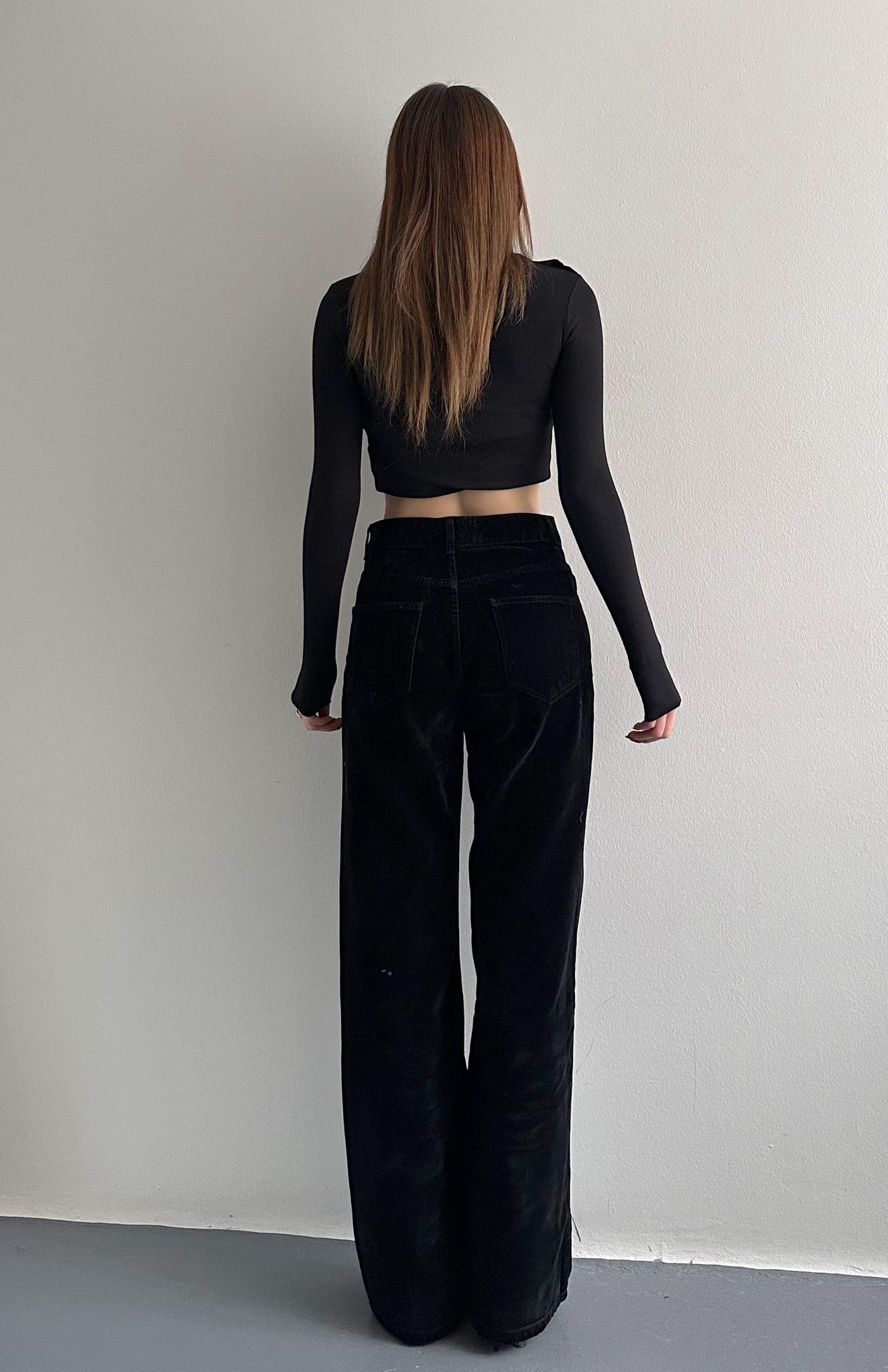 Flok Kaplama Wideleg Pantolon SİYAH