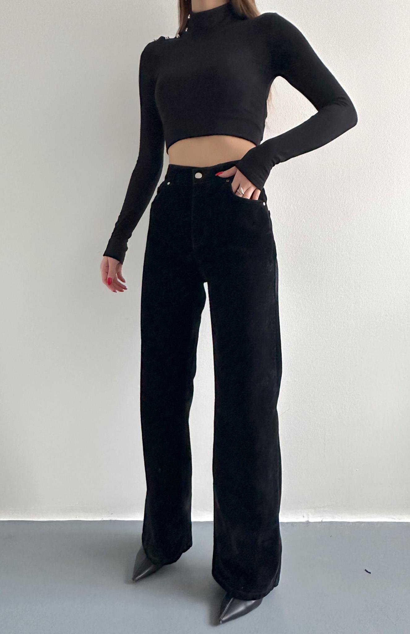 Flok Kaplama Wideleg Pantolon SİYAH