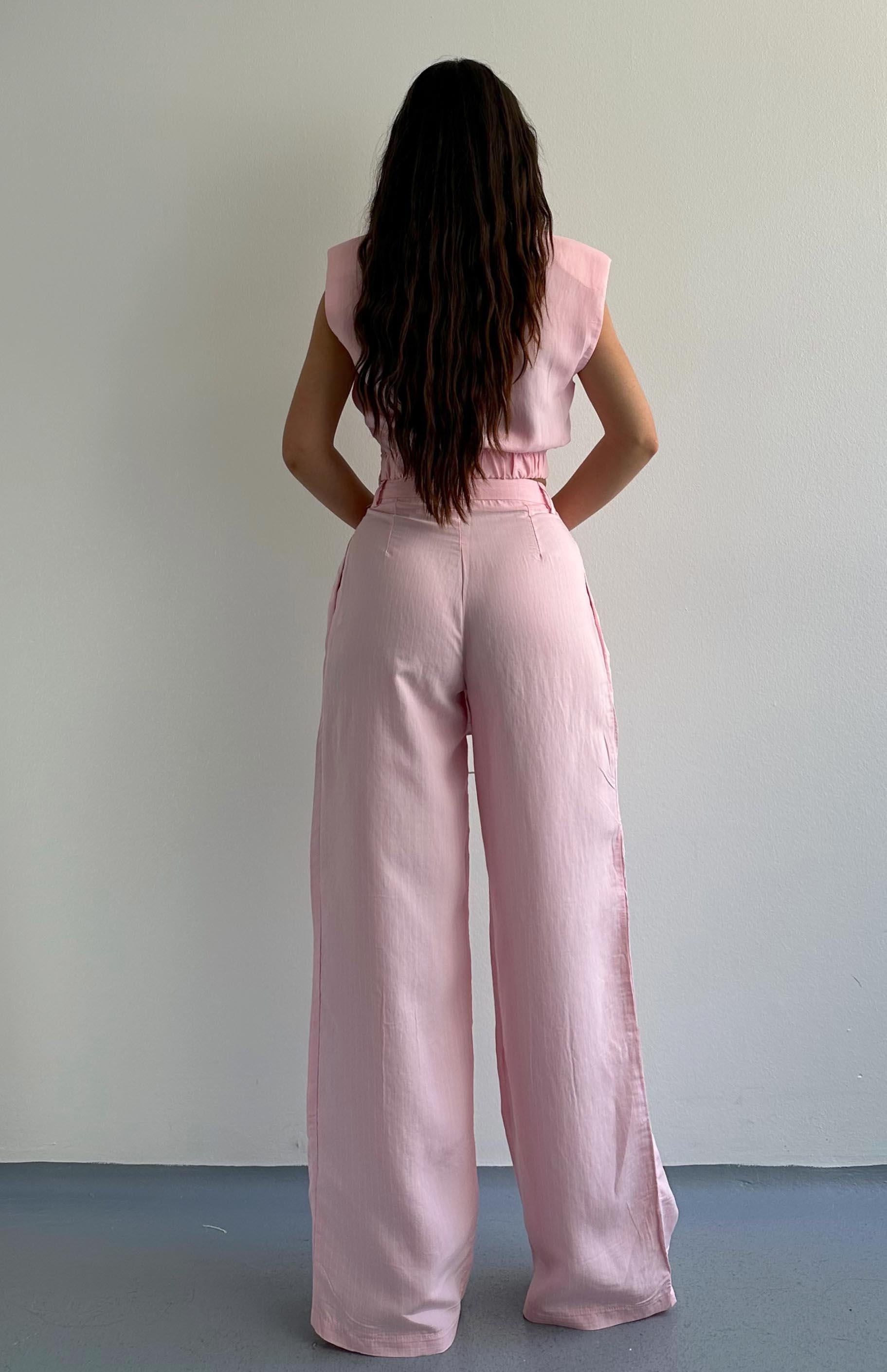Geniş Paça Çizgili Pantolon PEMBE