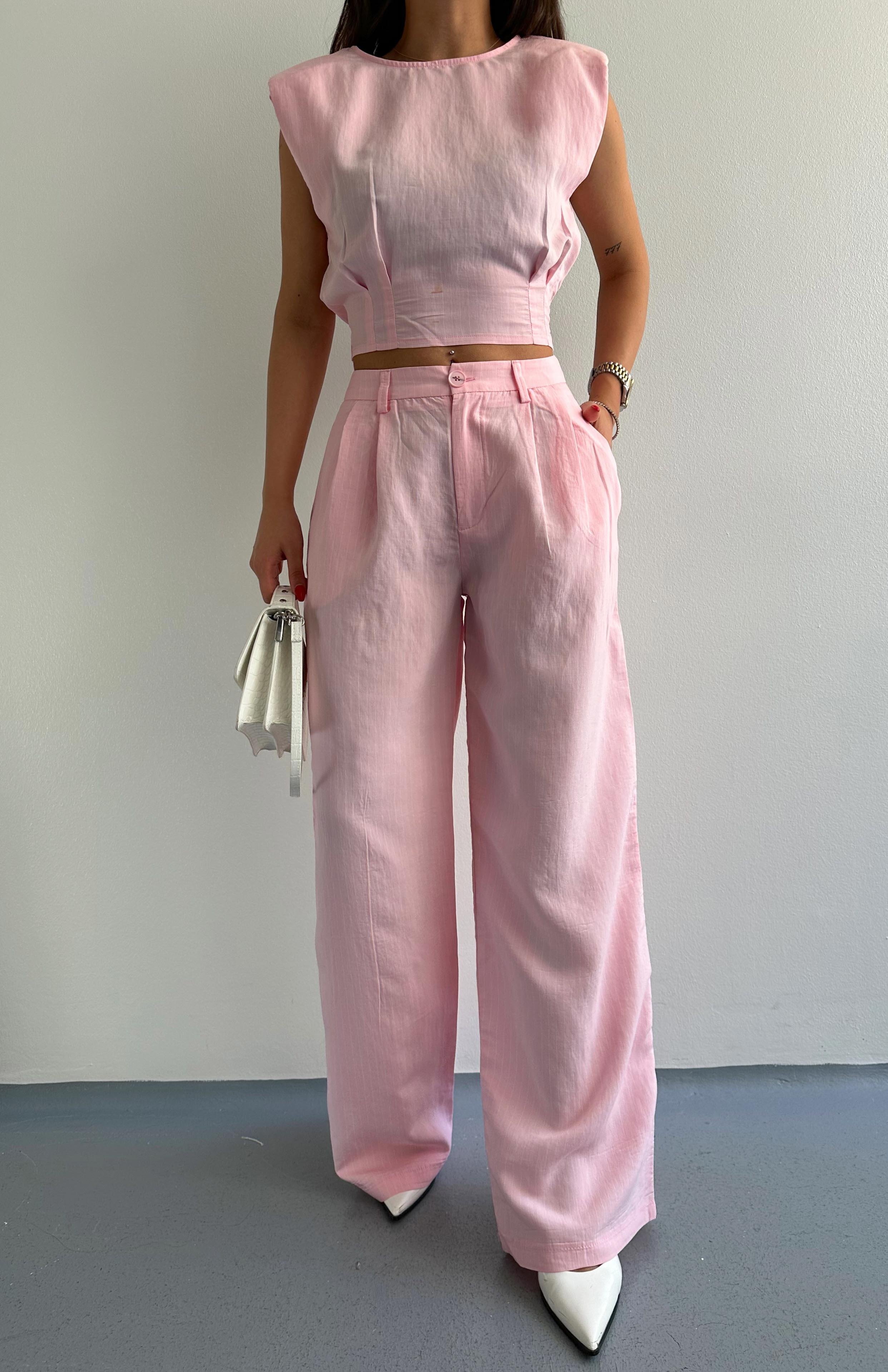 Geniş Paça Çizgili Pantolon PEMBE