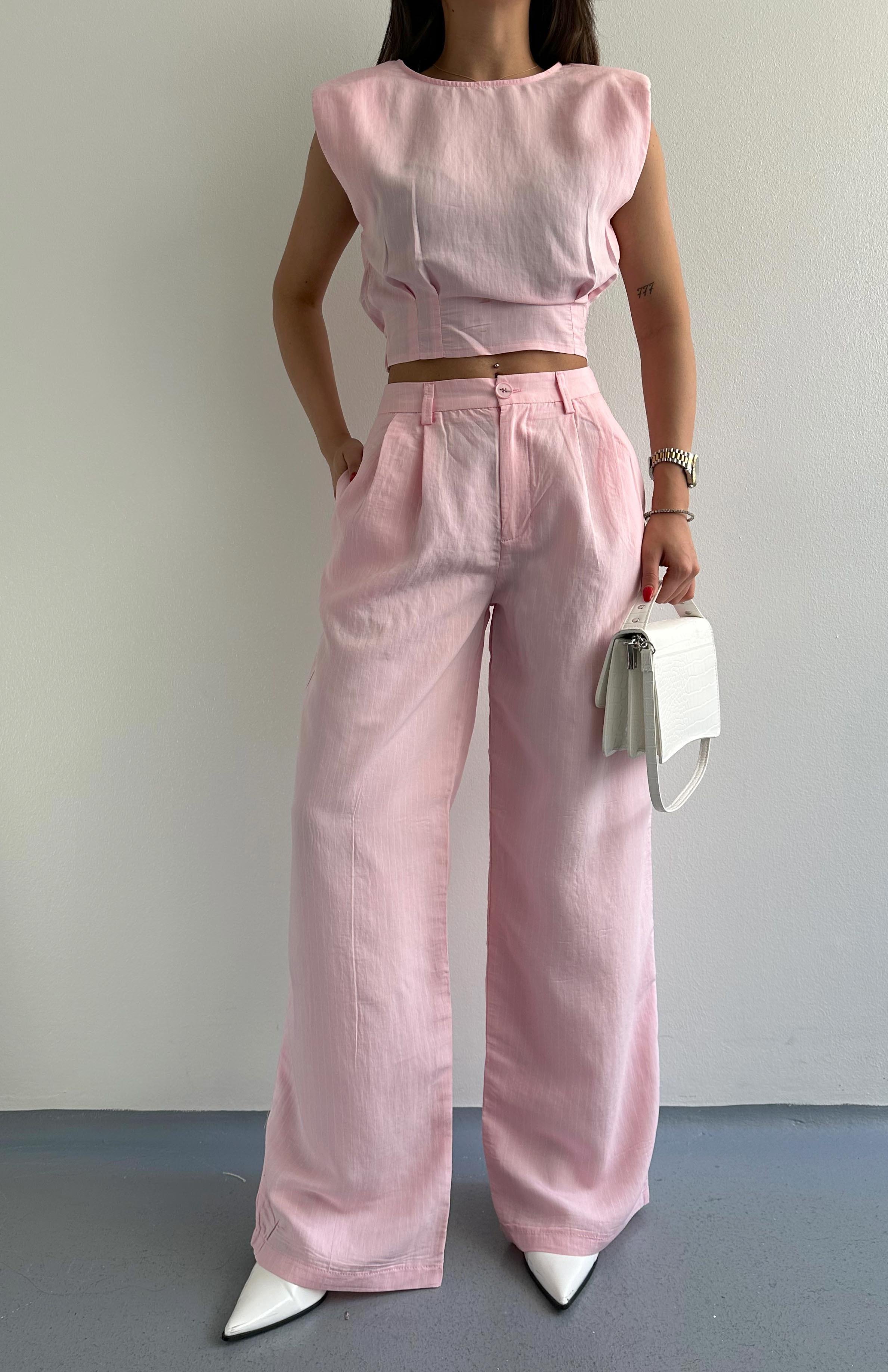 Geniş Paça Çizgili Pantolon PEMBE