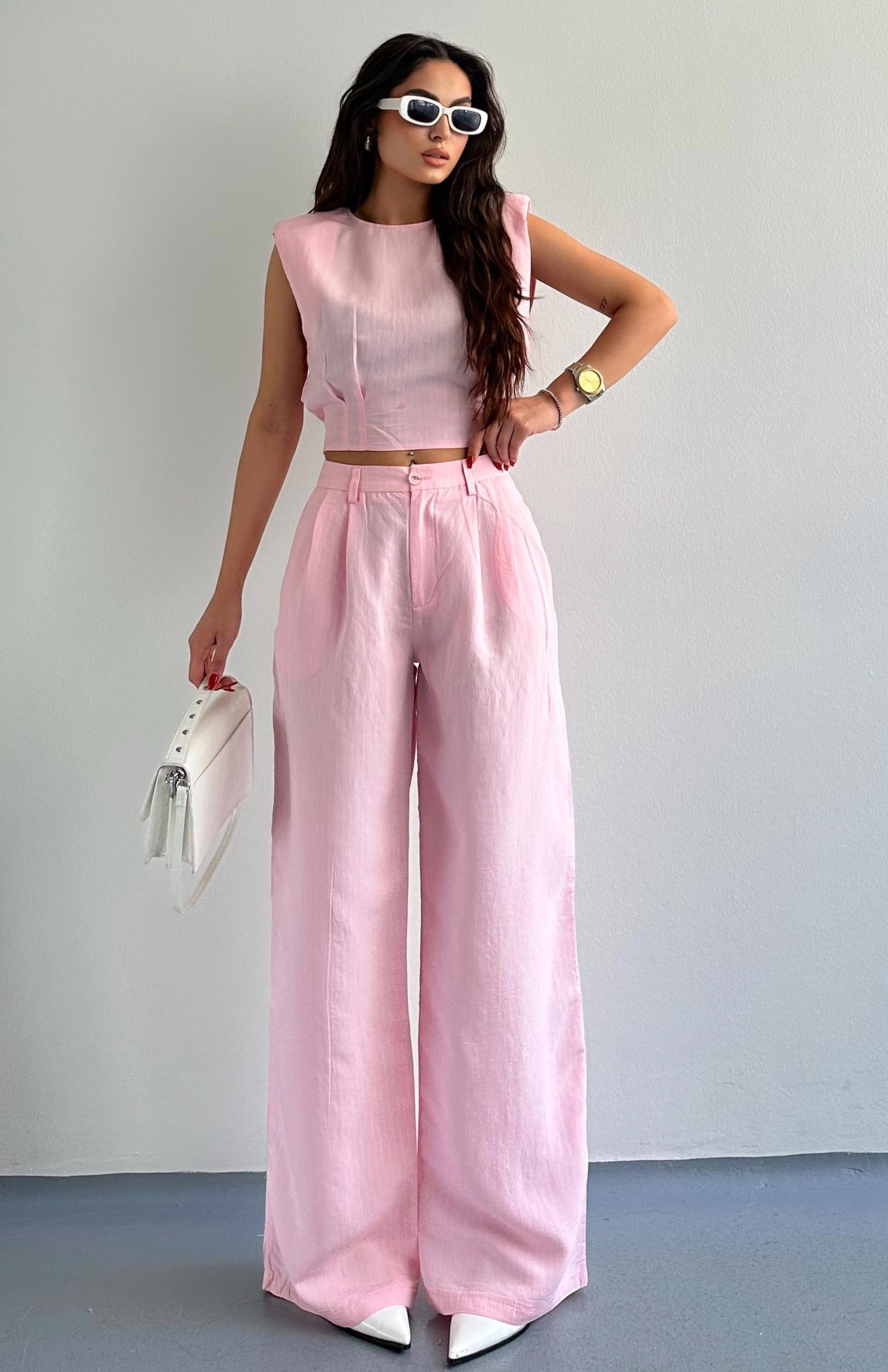 Geniş Paça Çizgili Pantolon PEMBE