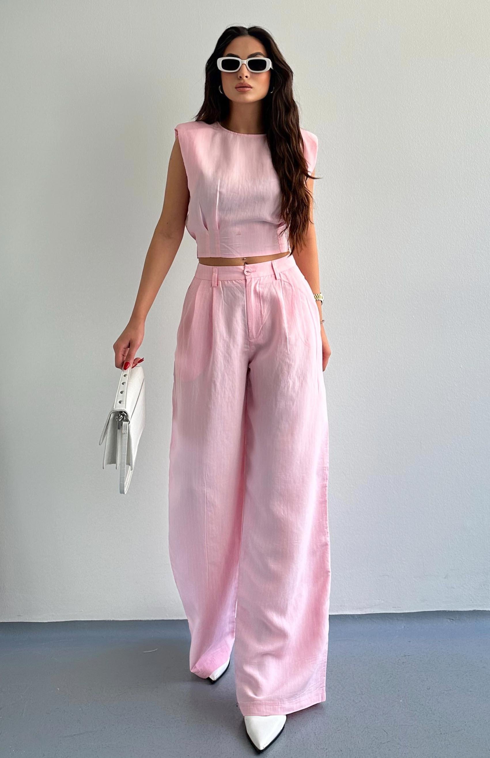 Geniş Paça Çizgili Pantolon PEMBE
