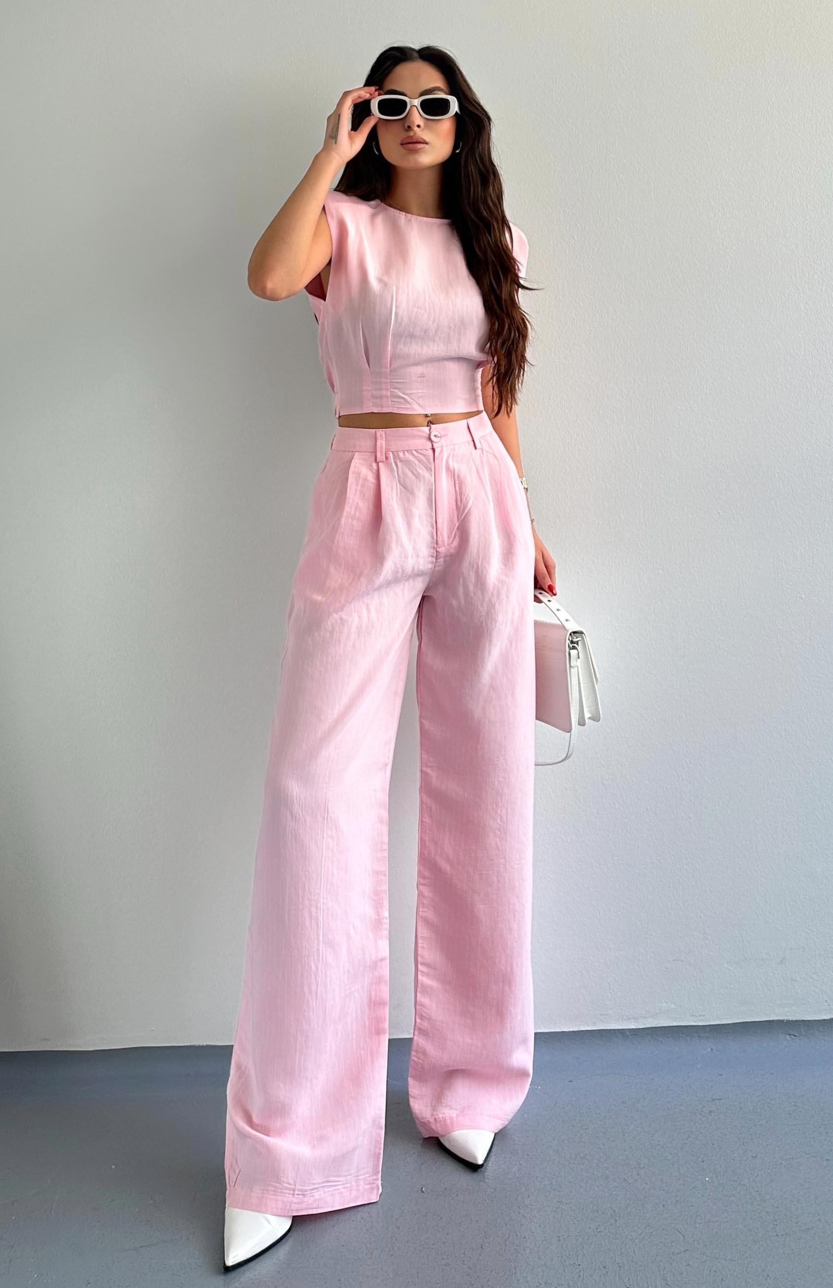 Geniş Paça Çizgili Pantolon PEMBE