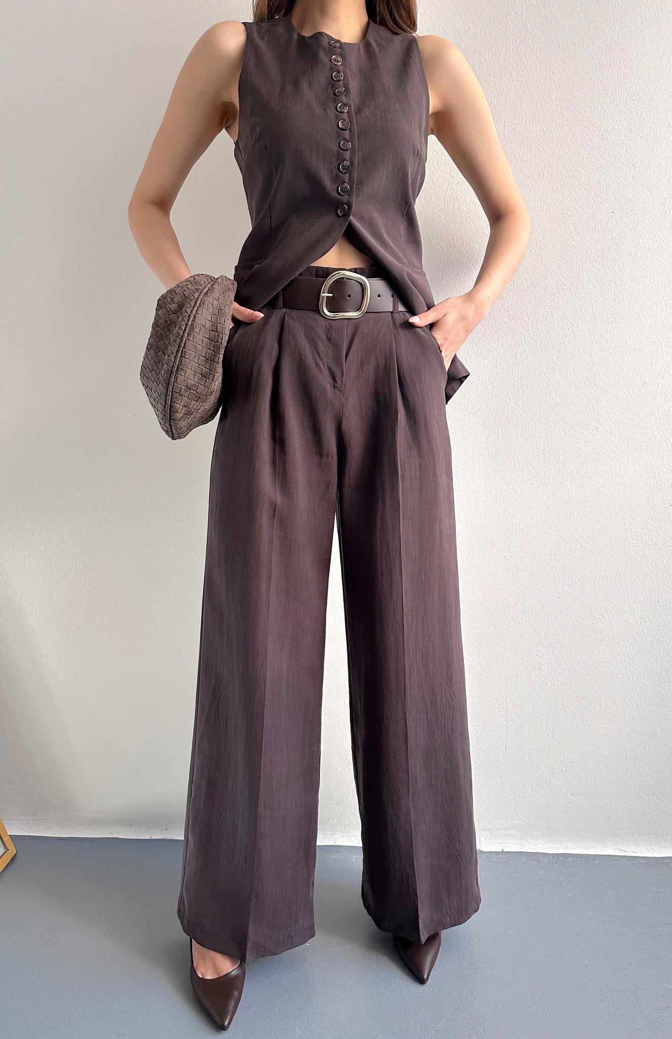 Kemer Detaylı Palazzo Pantolon KAHVERENGİ