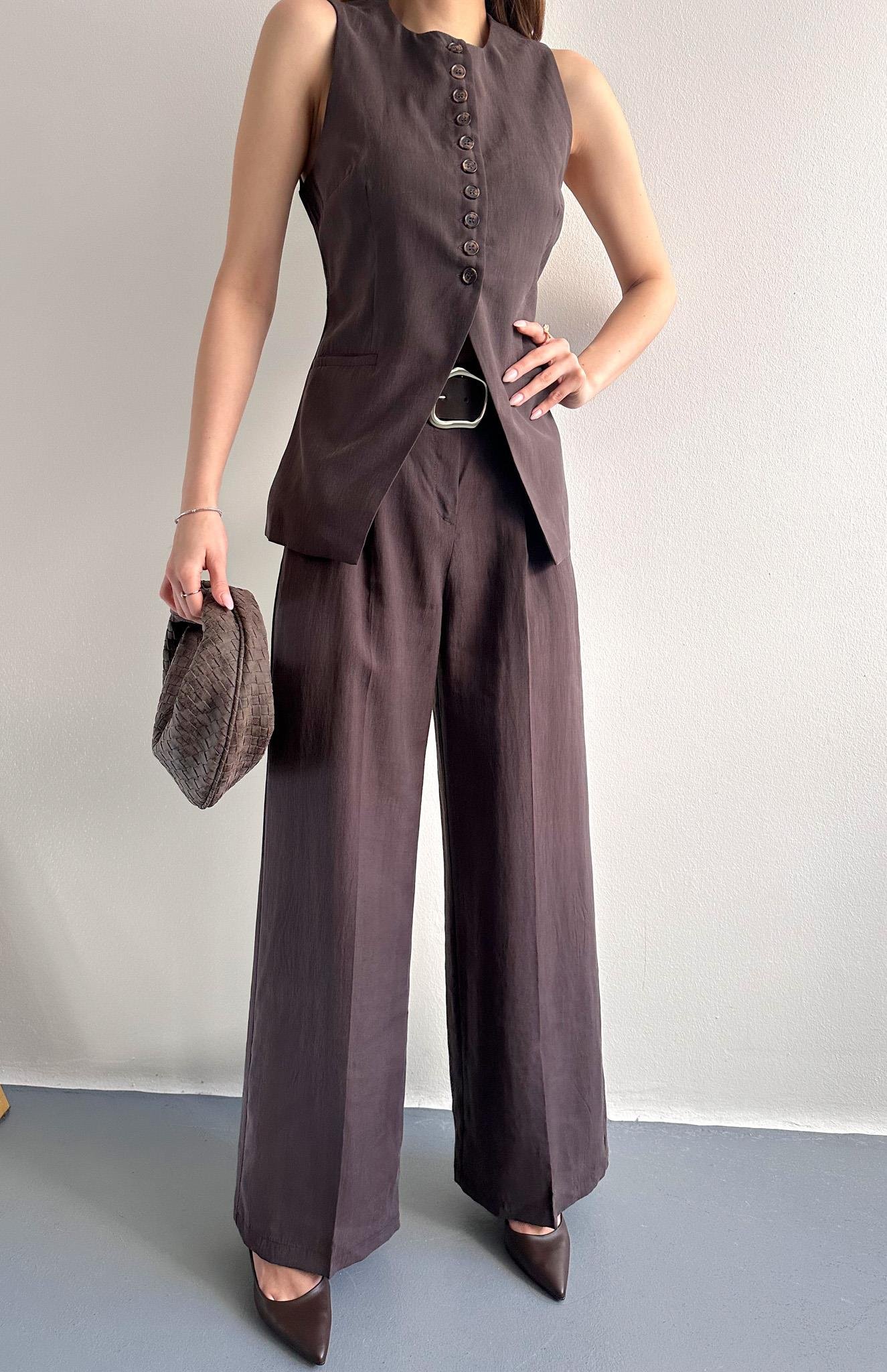 Kemer Detaylı Palazzo Pantolon KAHVERENGİ