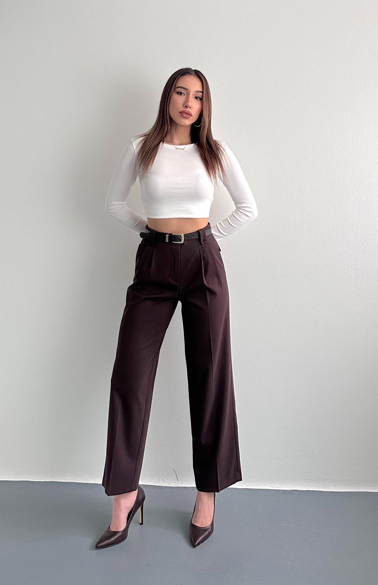 Kemerli Cep Kapaklı Yüksek Bel Pantolon KAHVERENGİ