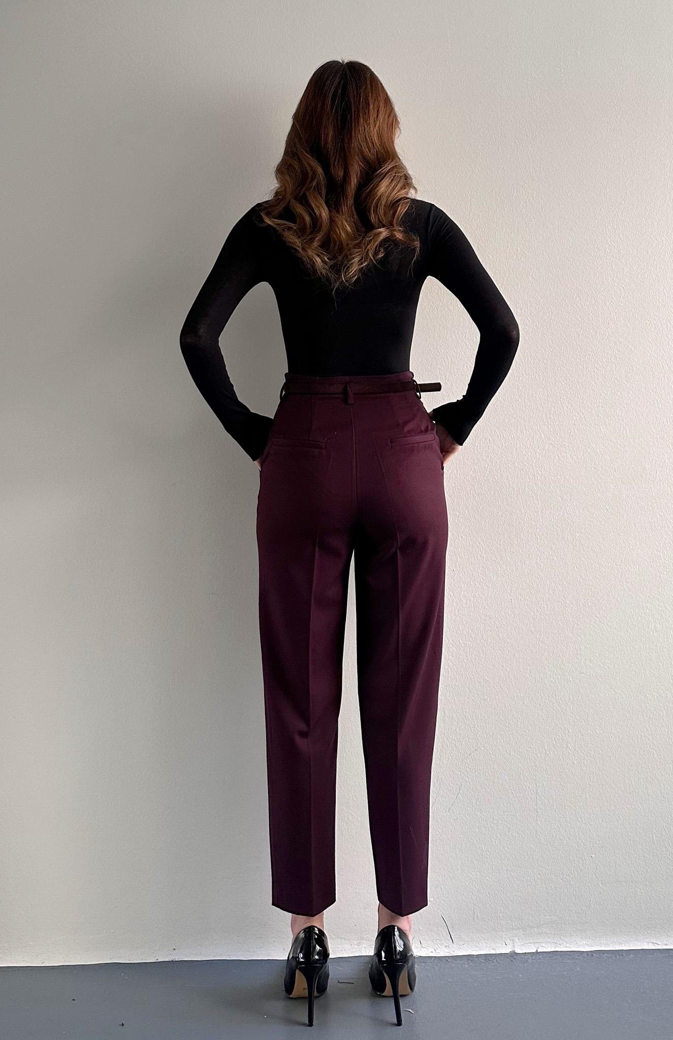 Kemerli Yüksek Bel Pantolon BORDO