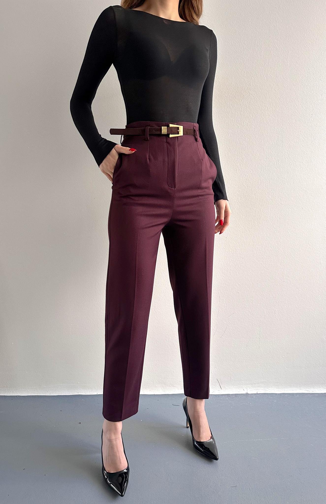 Kemerli Yüksek Bel Pantolon BORDO