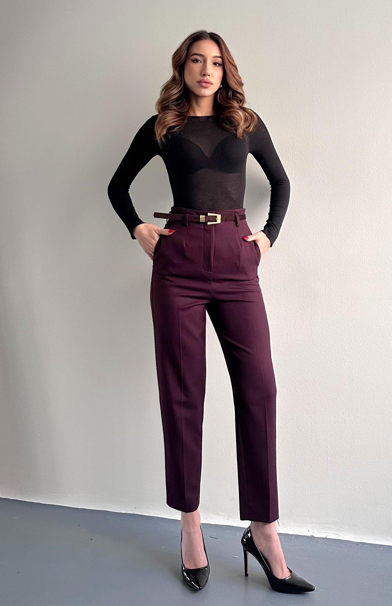 Kemerli Yüksek Bel Pantolon BORDO