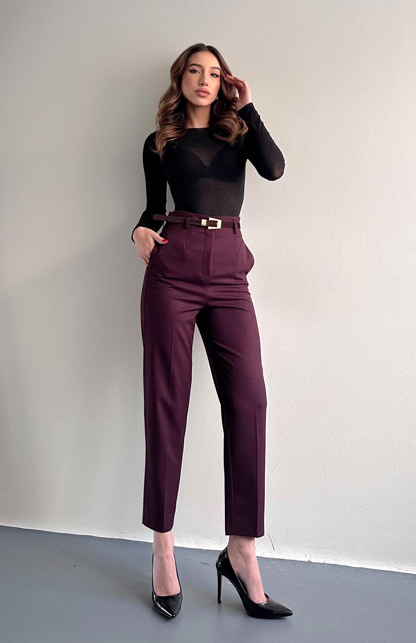 Kemerli Yüksek Bel Pantolon BORDO